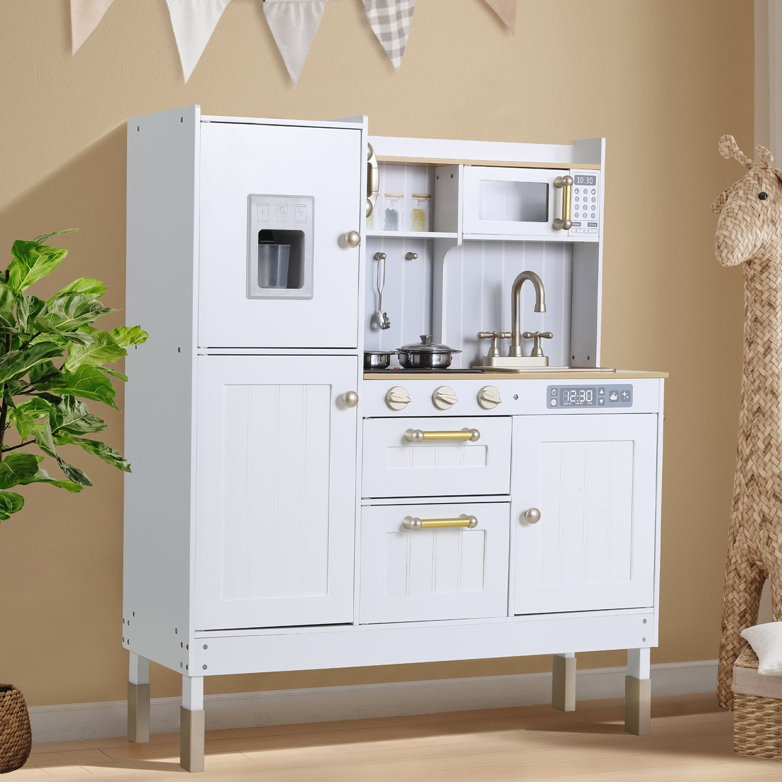 TLSUNNY Kids Play Kitchen, Wooden Kitchen Playset w/ Realistic Light & Sound and Cooking Accessories