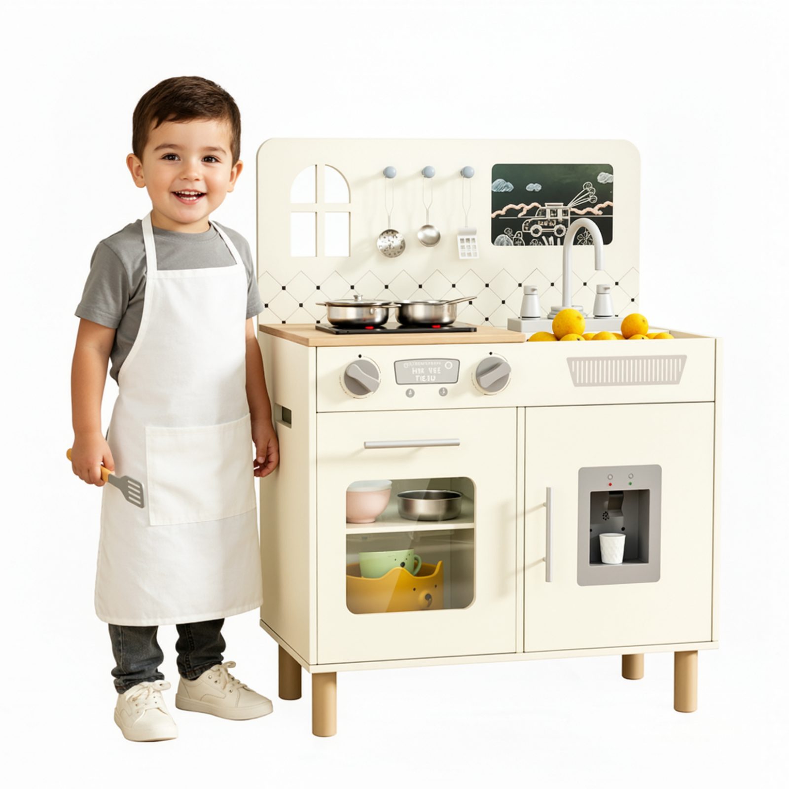 TLSUNNY Kids Play Kitchen Set, w/ Realistic Lights & Knob Sounds, Wooden Play Kitchen with Water Dispenser & Chalkboard for Age 3+