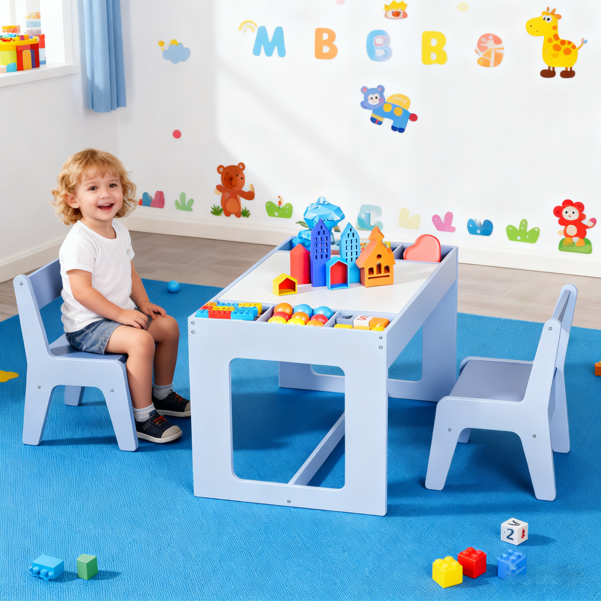 TLSUNNY Kids Table and Chairs Set with Storage, Children's Wooden Drawing Table, w/ Reversible Top & Chalkboard, for Home, Playroom, Nursery