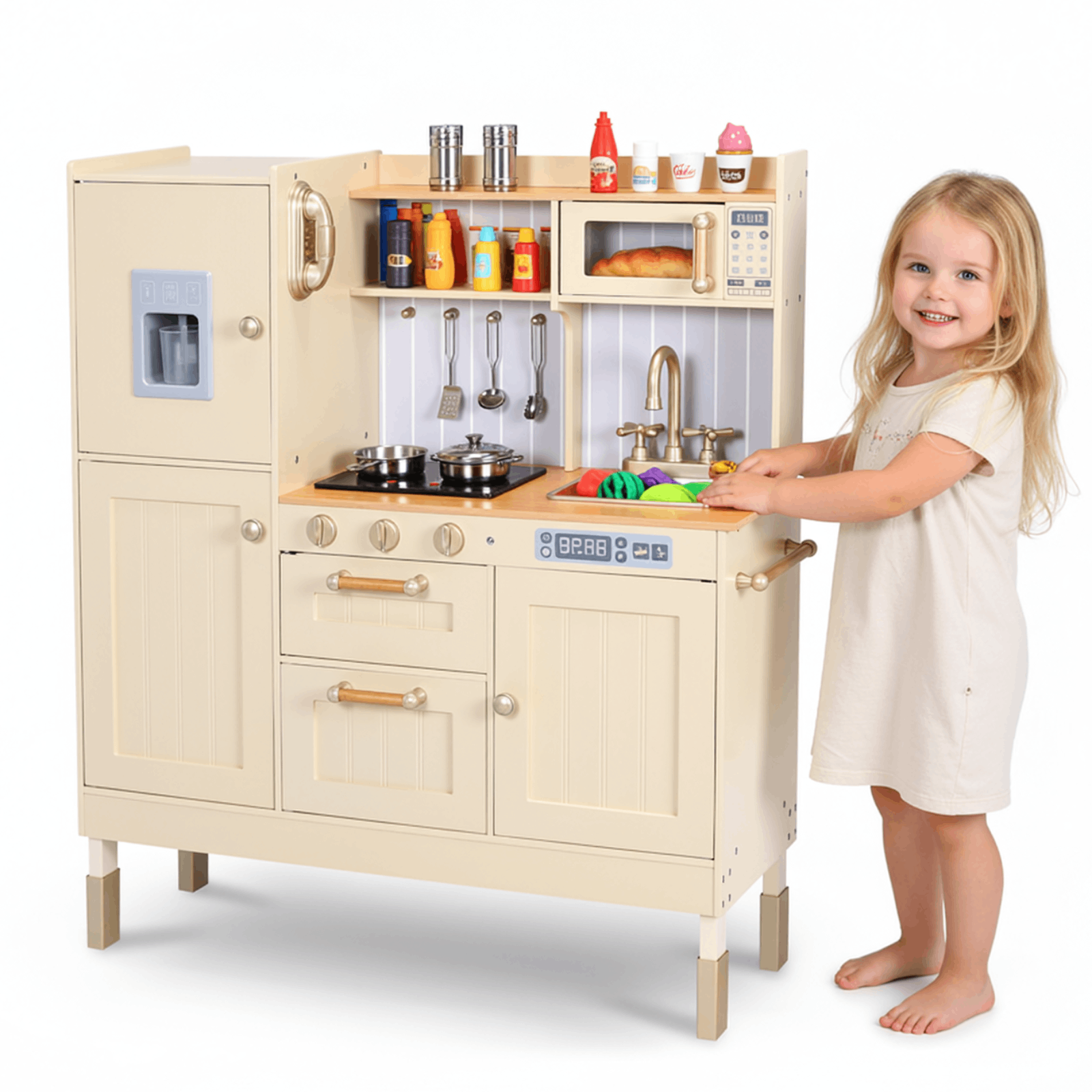 TLSUNNY Kids Play Kitchen, Wooden Kitchen Playset w/ Realistic Light & Sound and Cooking Accessories