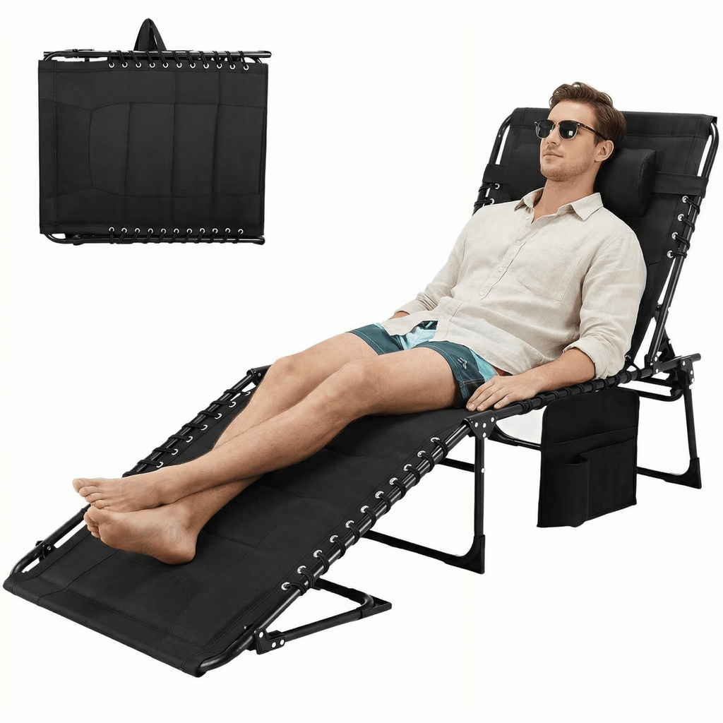 TLSUNNY Outdoor Folding Lounge Chair, Portable Adjustable Back & Leg Chaise Lounges with Pillow, Side Pocket, Carrying Handle, for Patio, Office