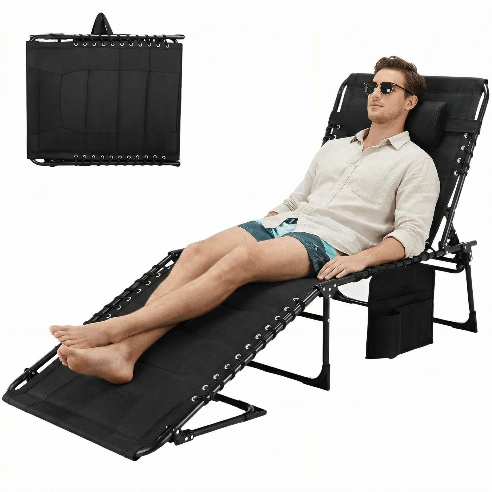 TLSUNNY Outdoor Folding Lounge Chair, Portable Adjustable Back & Leg Chaise Lounges with Pillow, Side Pocket, Carrying Handle, for Patio, Office