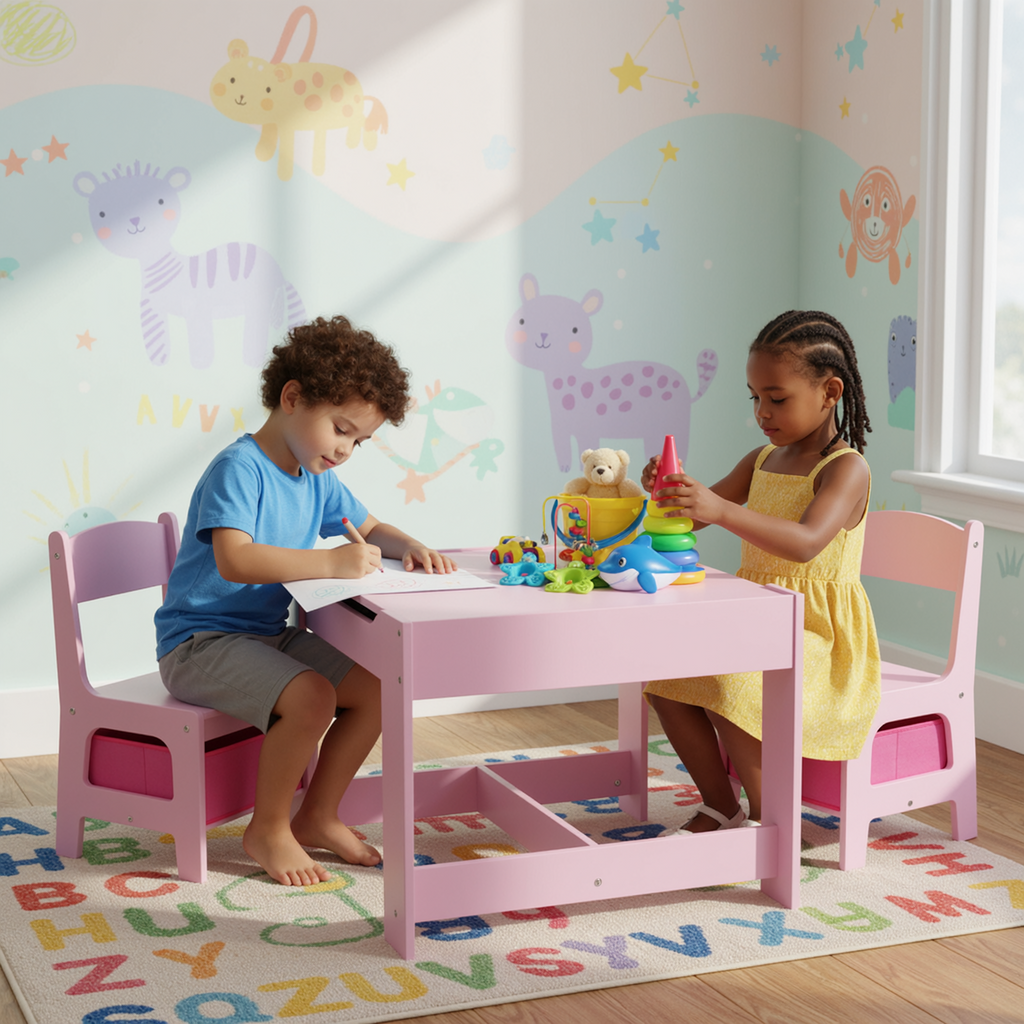 TLSUNNY Kids Table and 2 Chairs, 4-in-1 Toddler Activity Set with Blackboard, Reversible Desk & Storage Organization, for Age 3 +