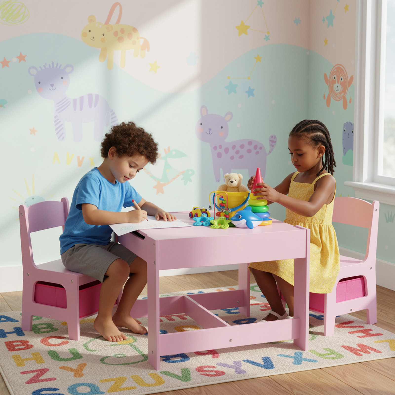 TLSUNNY Kids Table and 2 Chairs, 4-in-1 Toddler Activity Set with Blackboard, Reversible Desk & Storage Organization, for Age 3 +