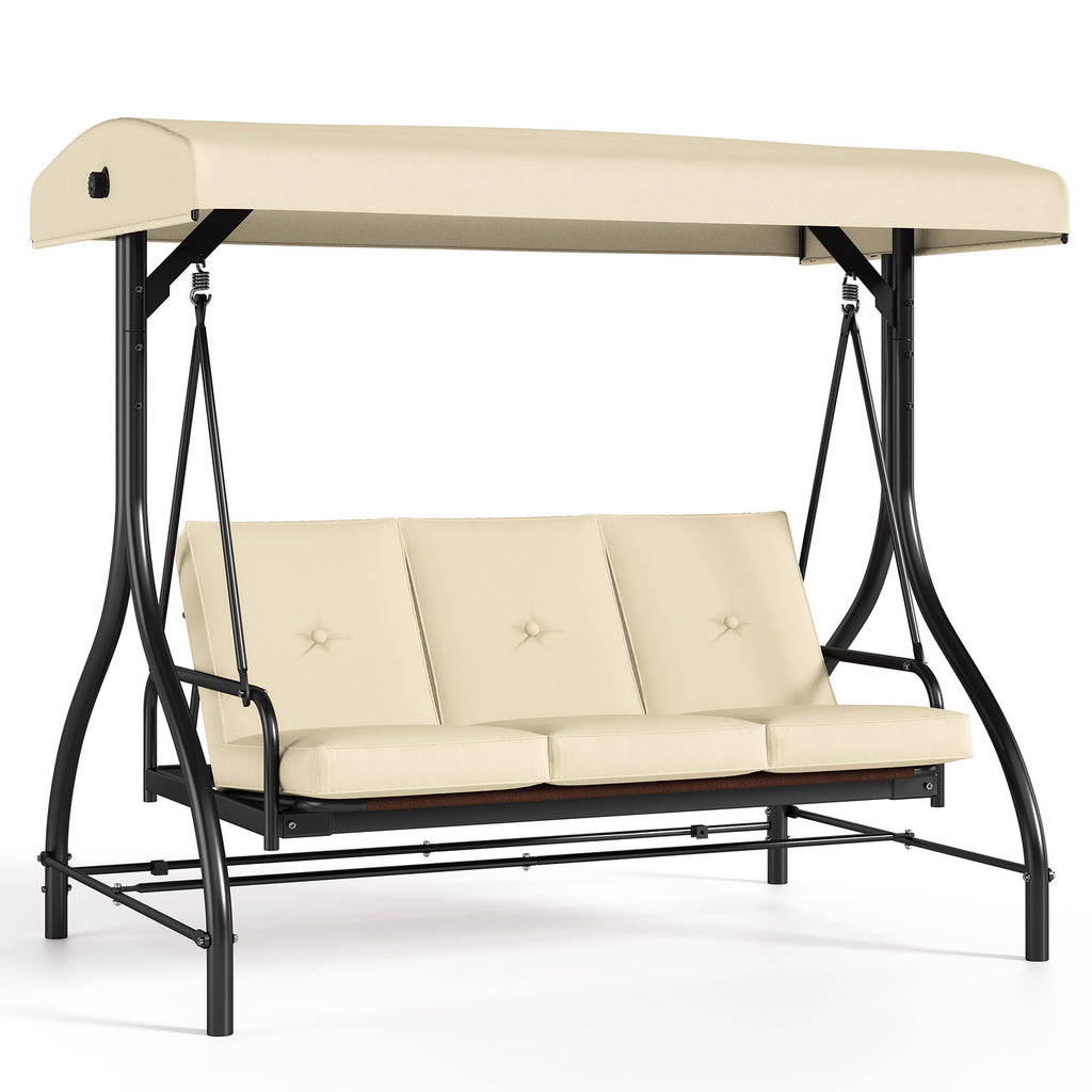 TLSUNNY Canopy Swing Chair Set, 3-Seat Outdoor Swing Chair with Stand & Removable Seat Cushion, for Patio, Backyard, Balcony Relaxation, Supports 750lbs
