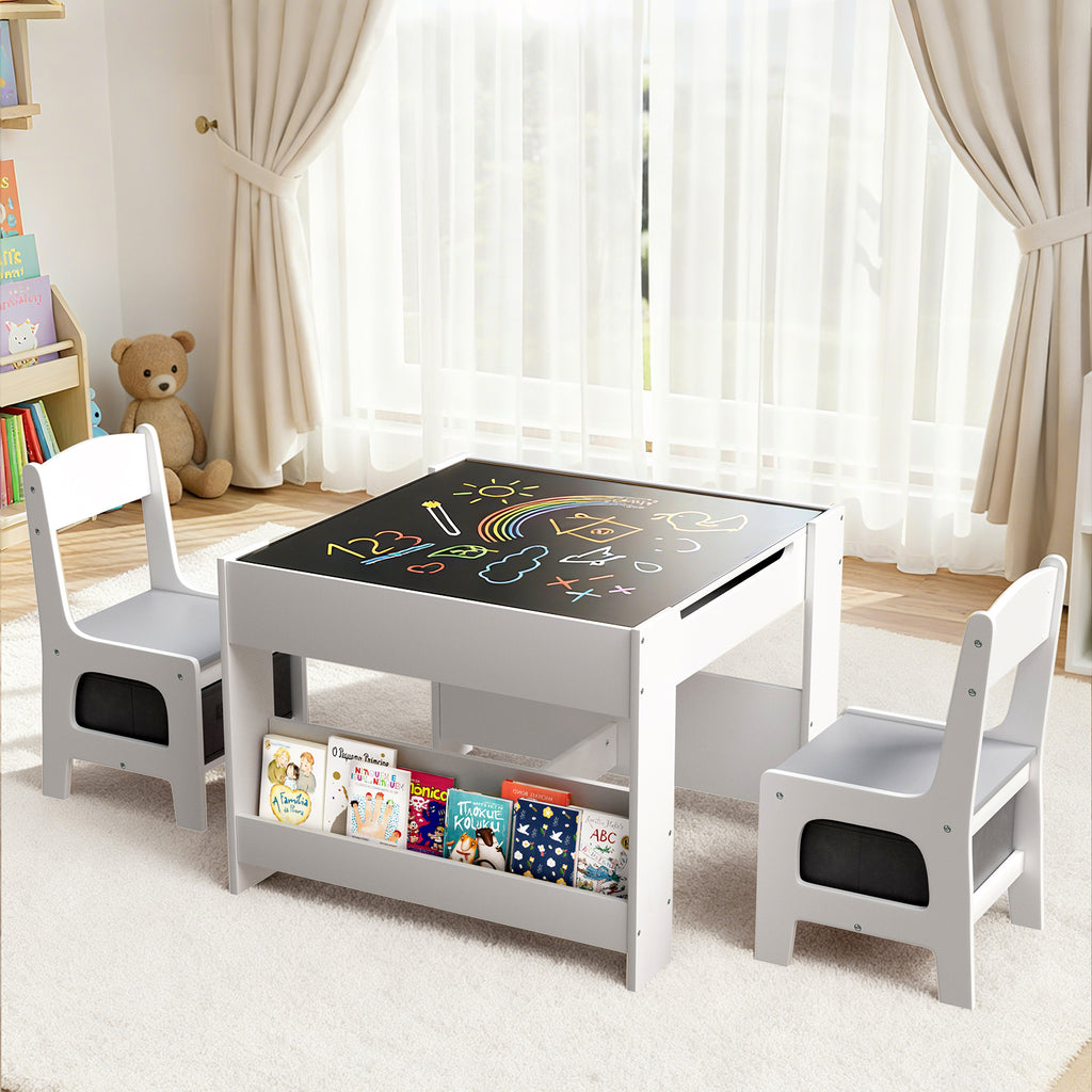 TLSUNNY Kids Table and Chairs Set, 4-in-1 Toddler Activity Art Table with Bookshelf Storage & Reversible Top, for Drawing, Playing, Learning