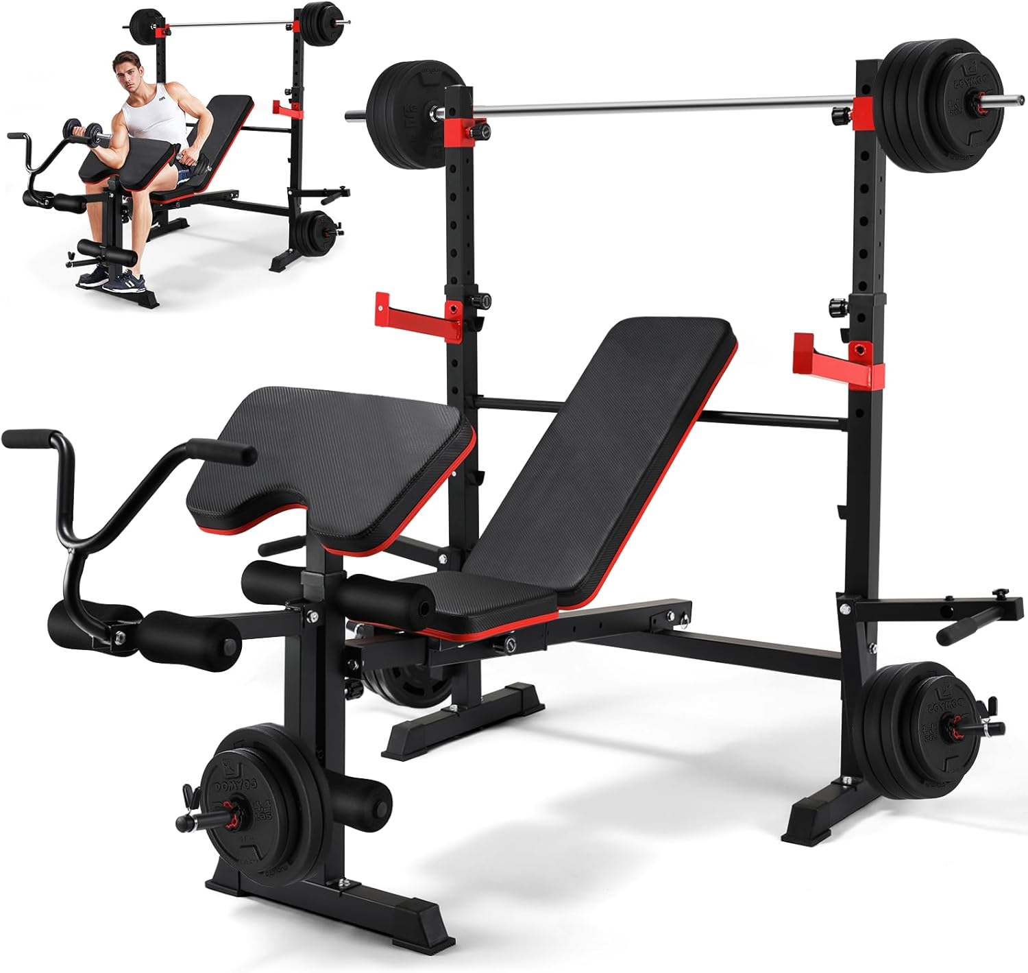 TLSUNNY 900LBS Adjustable Weight Bench Set, w/ Barbell Rack, Leg Extension & Preacher Curl, Strength Training Equipment, for Home Gym Workouts