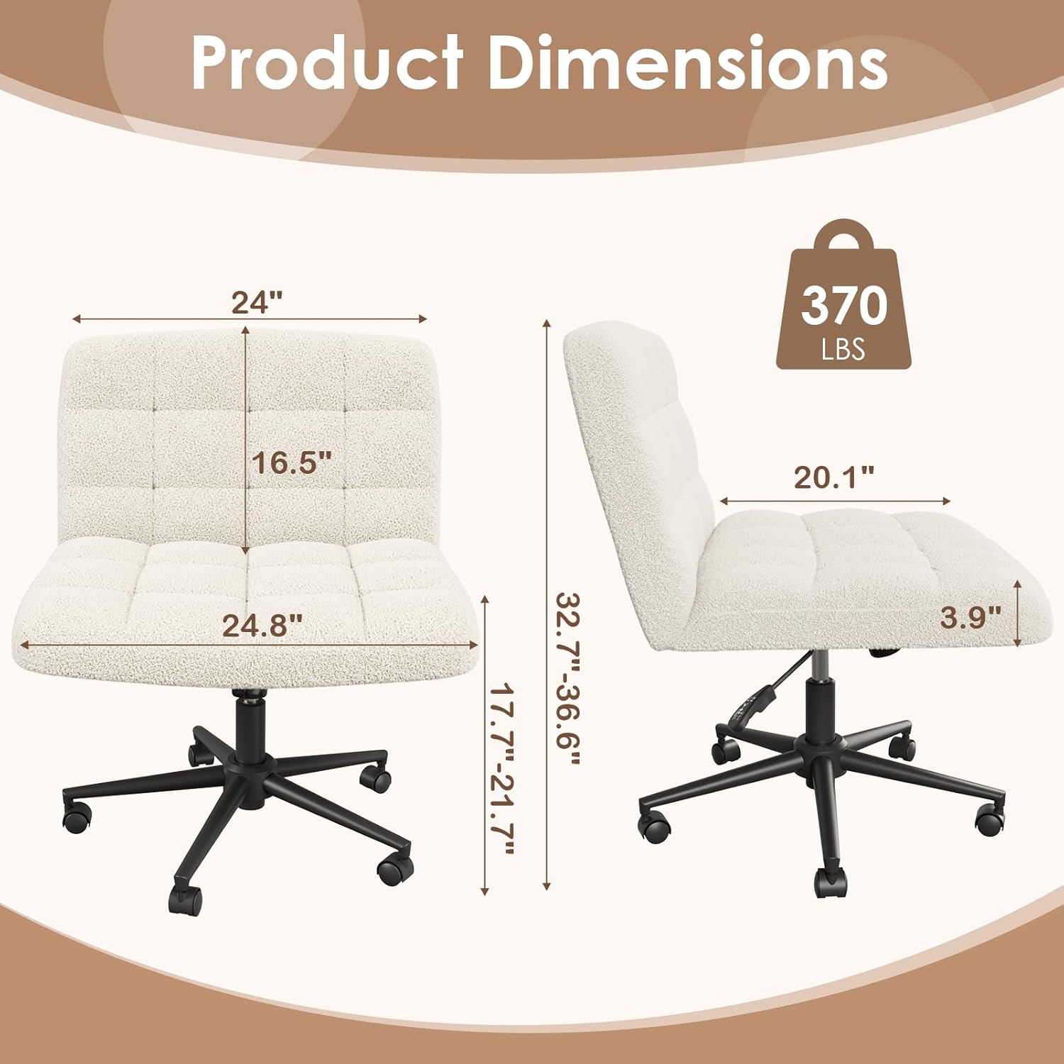 TLSUNNY 360° Swivel Height Adjustable Armless Chair, w/ Wheels and Comfy Wide Cushion, Criss Cross Office Chair, for Home/Bedroom