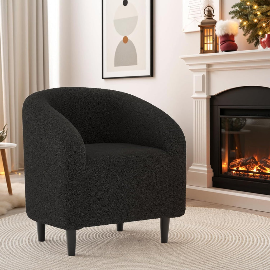 TLSUNNY Upholstered Club Chair Accent Barrel Chair, Teddy Fabric Upholstered Armchair with Side Pocket for Living Room/Bedroom