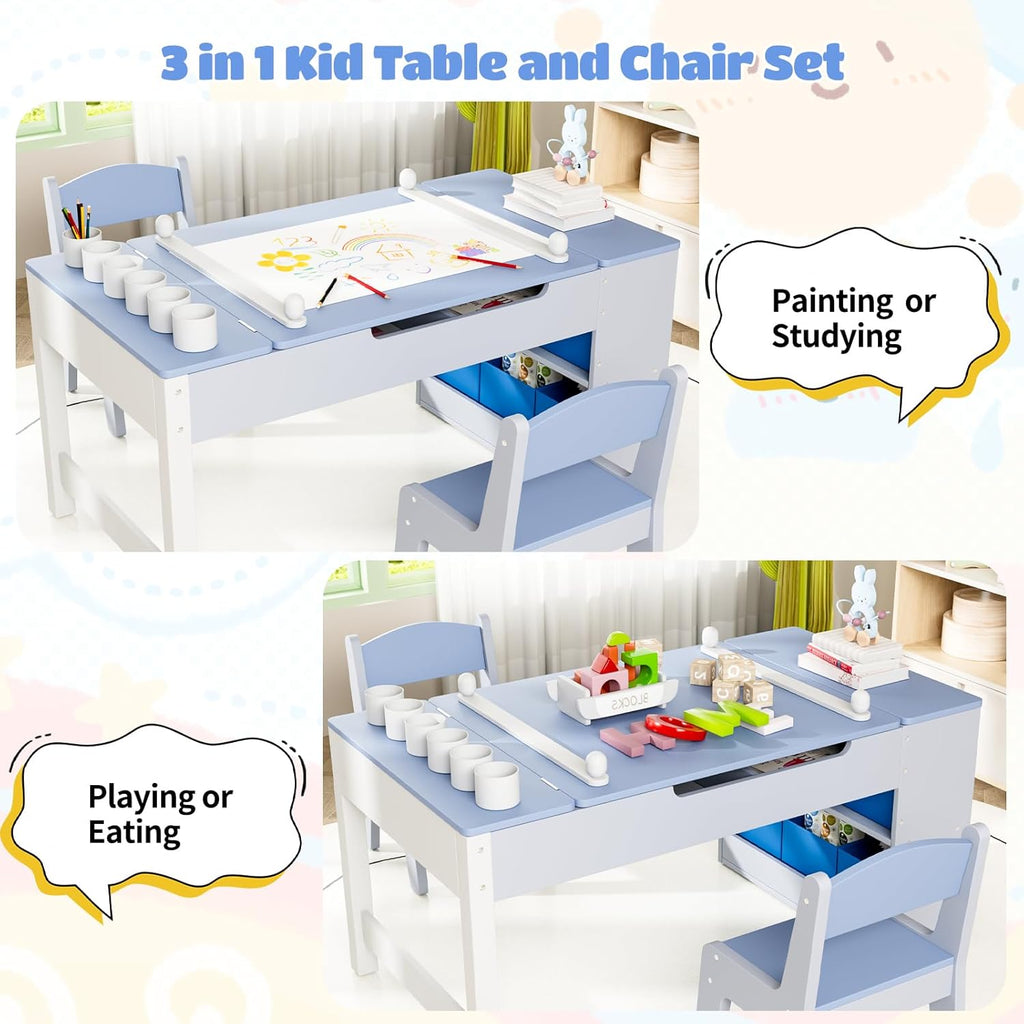 TLSUNNY Kids Art Table and 2 Chairs Set, Toddlers Craft Table Set with Storage Bins, Paint Cups and Paper Roll, Activity Table Set for Age 3+