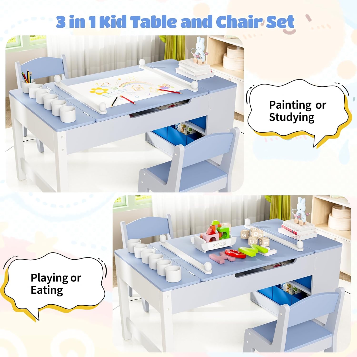 TLSUNNY Kids Art Table and 2 Chairs Set, Toddlers Craft Table Set with Storage Bins, Paint Cups and Paper Roll, Activity Table Set for Age 3+