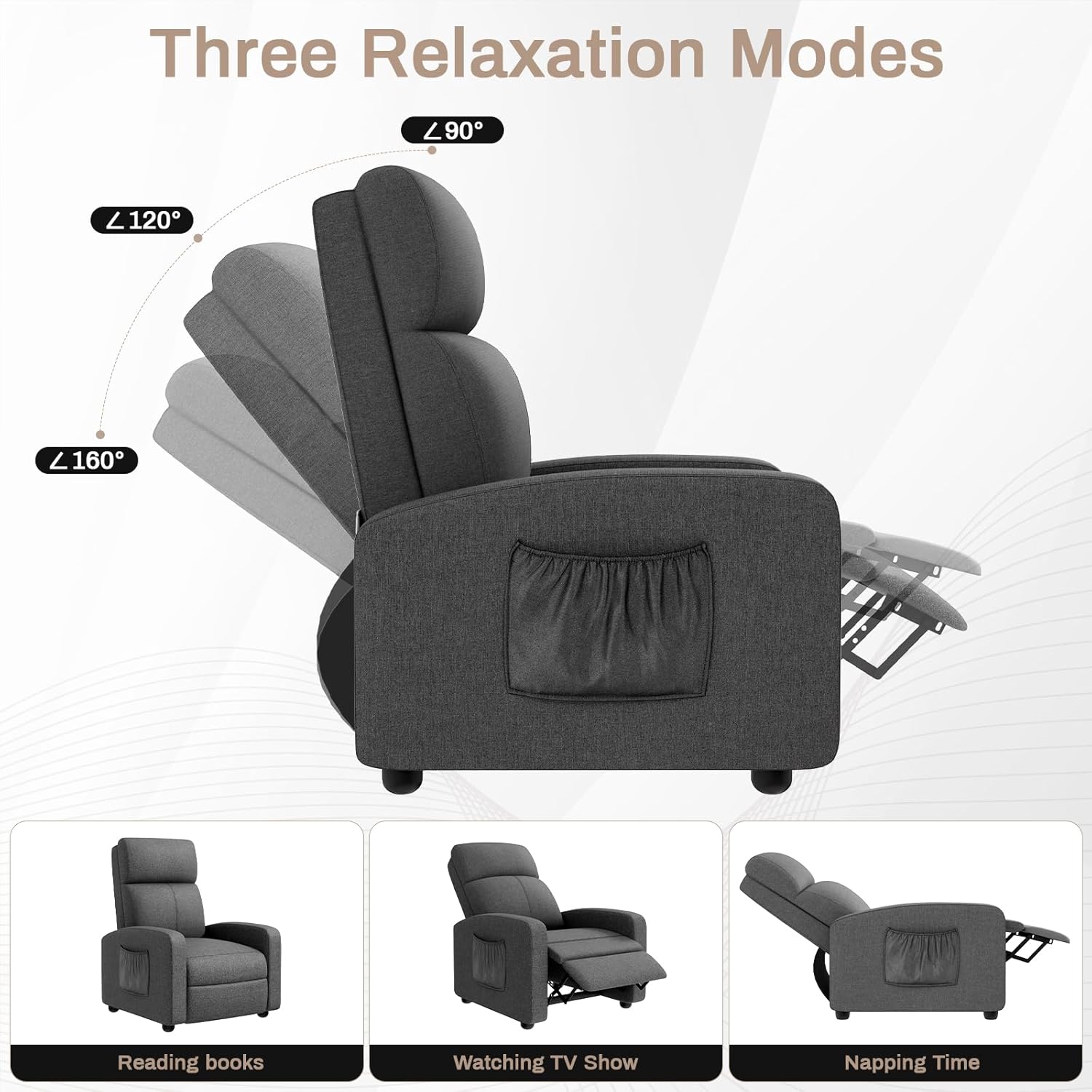 TLSUNNY Fabric Recliner Chair with Side Pocket, Thick Cushion Adjustable Lounger, Modern Home Theater Seating for Bedroom, Living Room