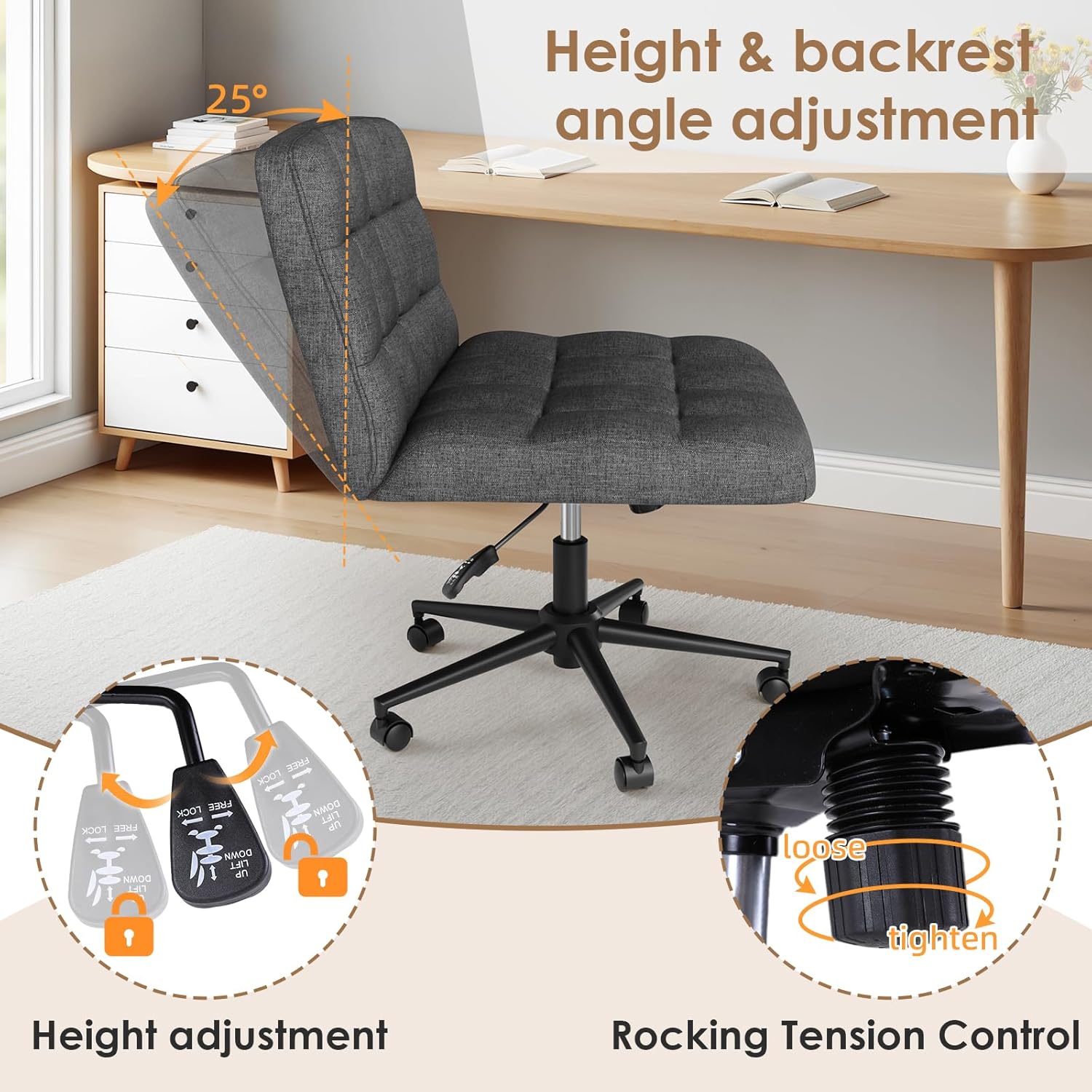 TLSUNNY 360° Swivel Height Adjustable Armless Chair, w/ Wheels and Comfy Wide Cushion, Criss Cross Office Chair, for Home/Bedroom