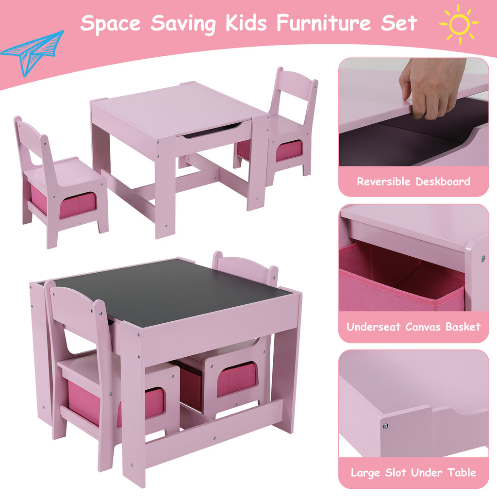 TLSUNNY Kids Table and 2 Chairs, 4-in-1 Toddler Activity Set with Blackboard, Reversible Desk & Storage Organization, for Age 3 +