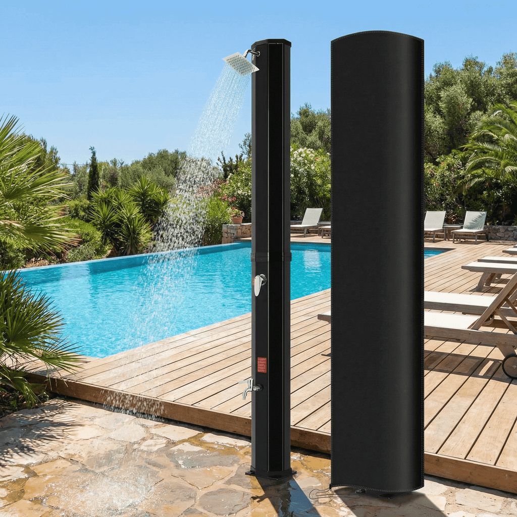 TLSUNNY 10.6/16 Gal Solar Heated Shower, Water Temperature Adjustable, W/ 360° Rotating Shower Head, Faucet, Protective Cover, 7.5FT Freestanding Outdoor Shower for Pool, Garden, Beach, SPA, Backyard