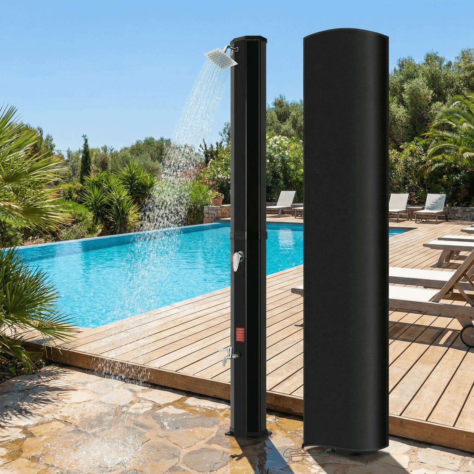 TLSUNNY 10.6/16 Gal Solar Heated Shower, Water Temperature Adjustable, W/ 360° Rotating Shower Head, Faucet, Protective Cover, 7.5FT Freestanding Outdoor Shower for Pool, Garden, Beach, SPA, Backyard
