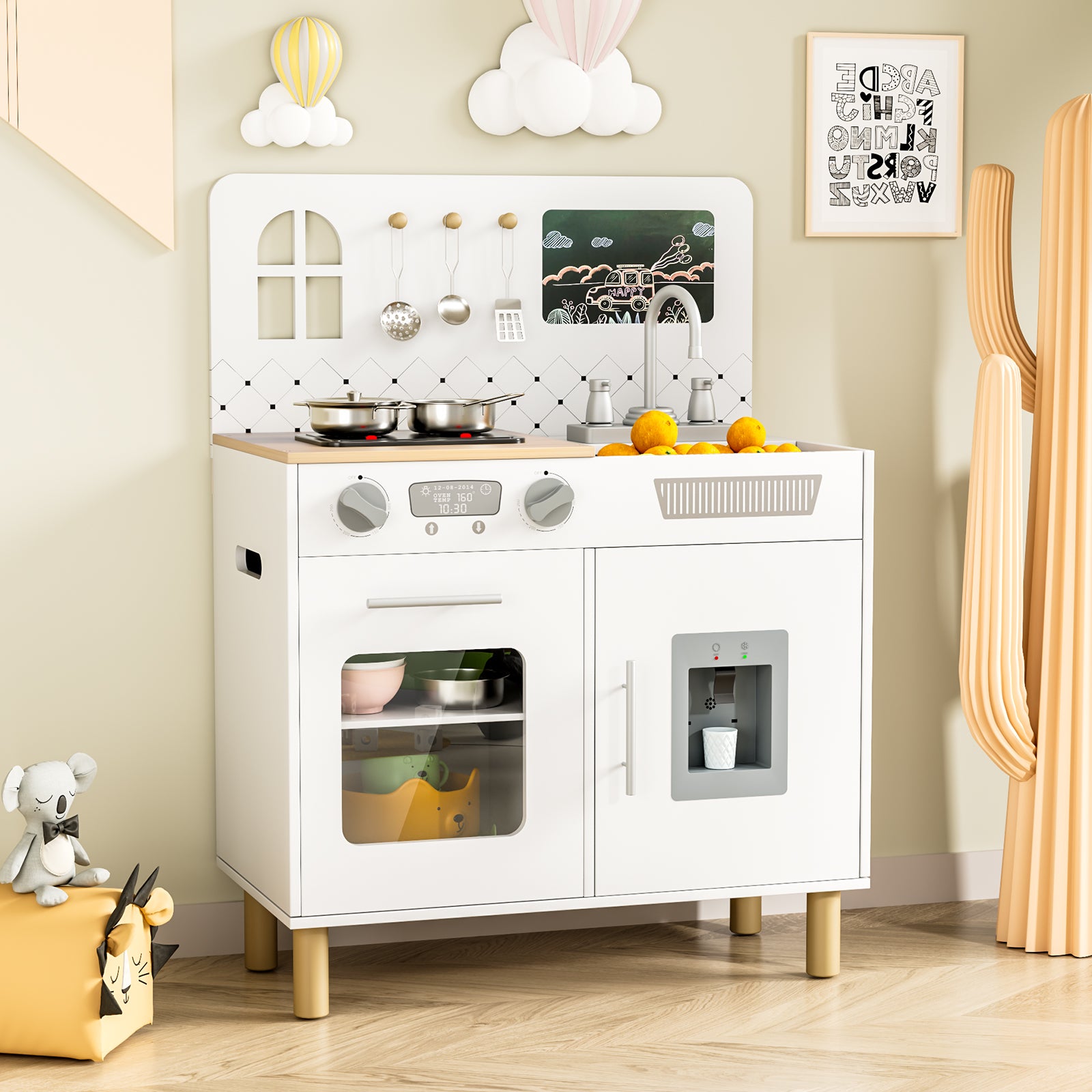 TLSUNNY Kids Play Kitchen Set, w/ Realistic Lights & Knob Sounds, Wooden Play Kitchen with Water Dispenser & Chalkboard for Age 3+