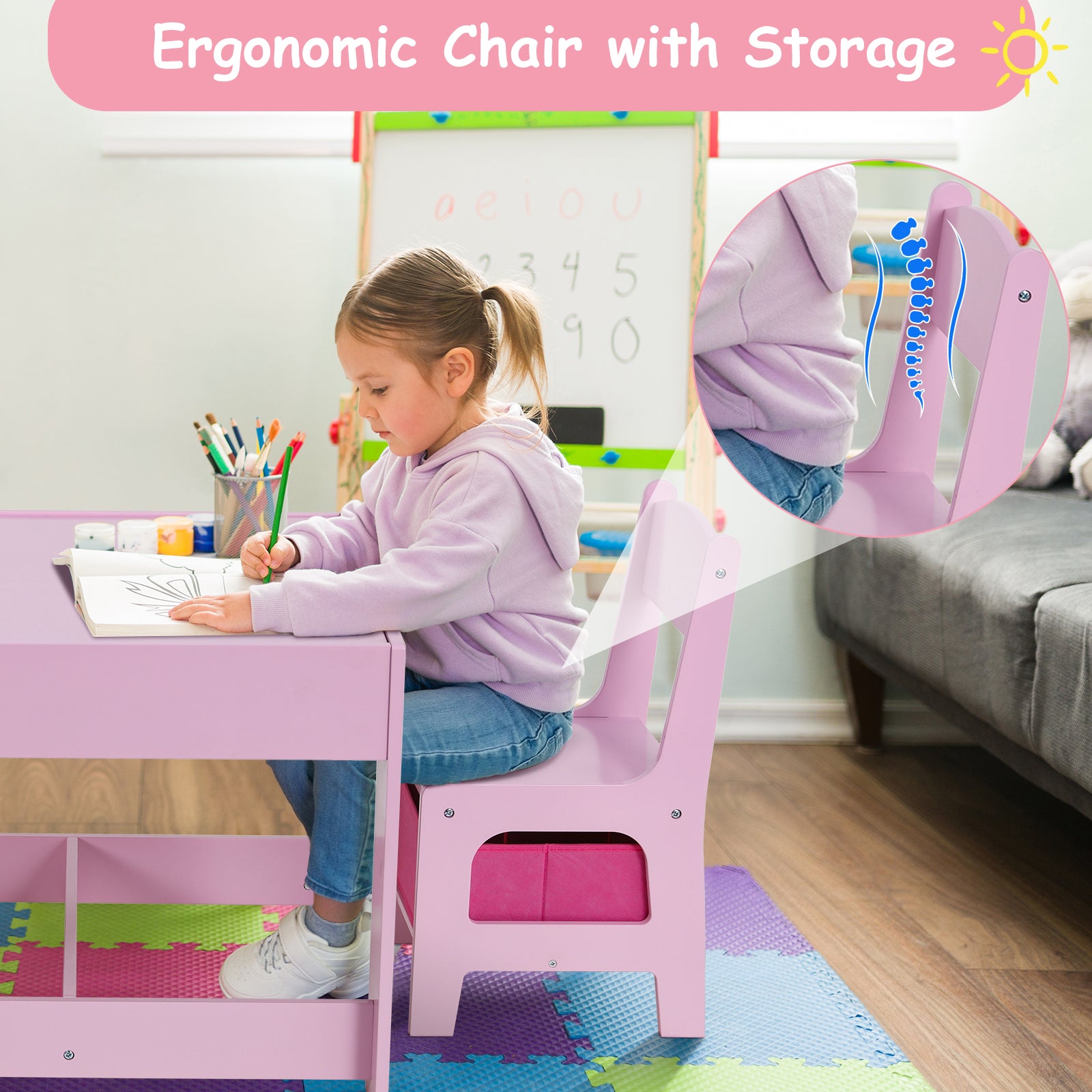TLSUNNY Kids Table and 2 Chairs, 4-in-1 Toddler Activity Set with Blackboard, Reversible Desk & Storage Organization, for Age 3 +