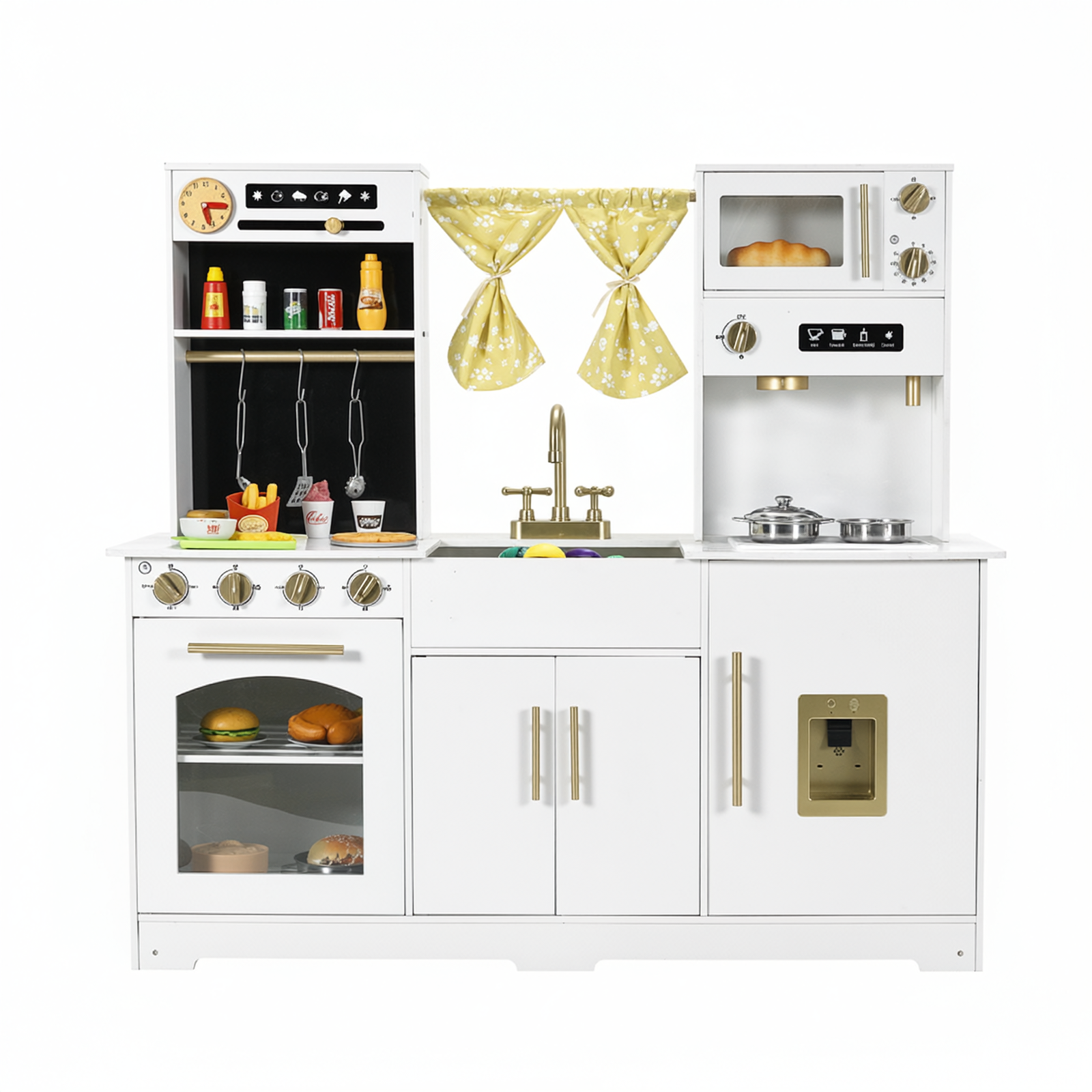 TLSUNNY Kids Play Kitchen with Realistic Lights & Sounds, Wooden Toy Pretend Play Kitchen Set w/ Sink, Faucet, Microwave, Curtain for Ages 3+
