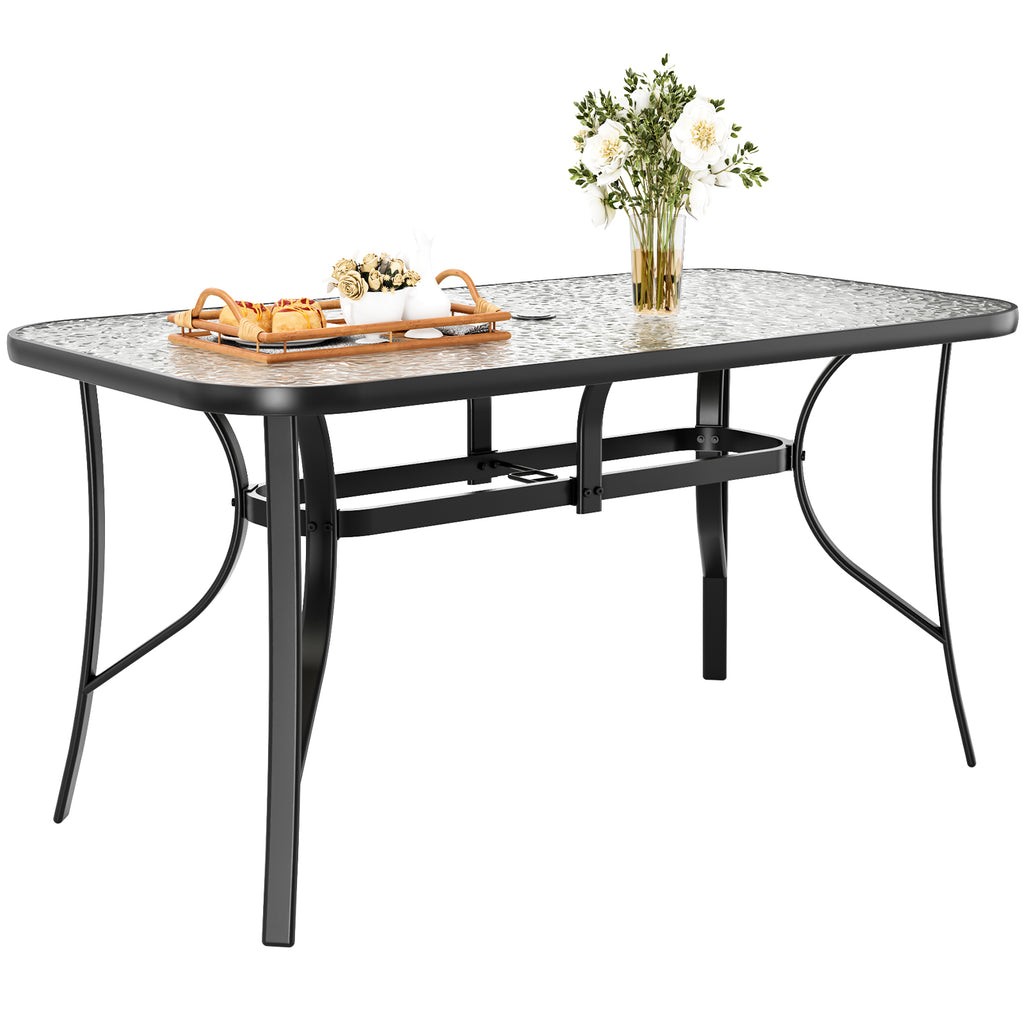 TLSUNNY Outdoor Dining Table with Umbrella Hole, Rectangular Glass Patio Table, Outdoor Metal Furniture for Outside, Garden, Balcony, Black