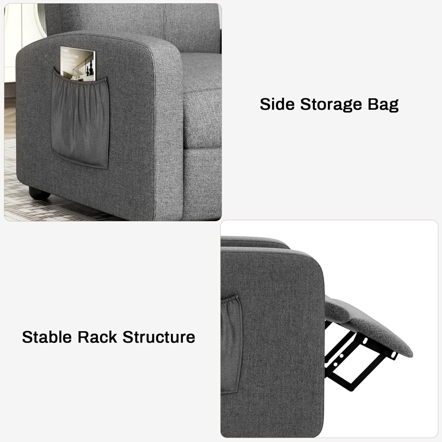 TLSUNNY Fabric Recliner Chair with Side Pocket, Thick Cushion Adjustable Lounger, Modern Home Theater Seating for Bedroom, Living Room