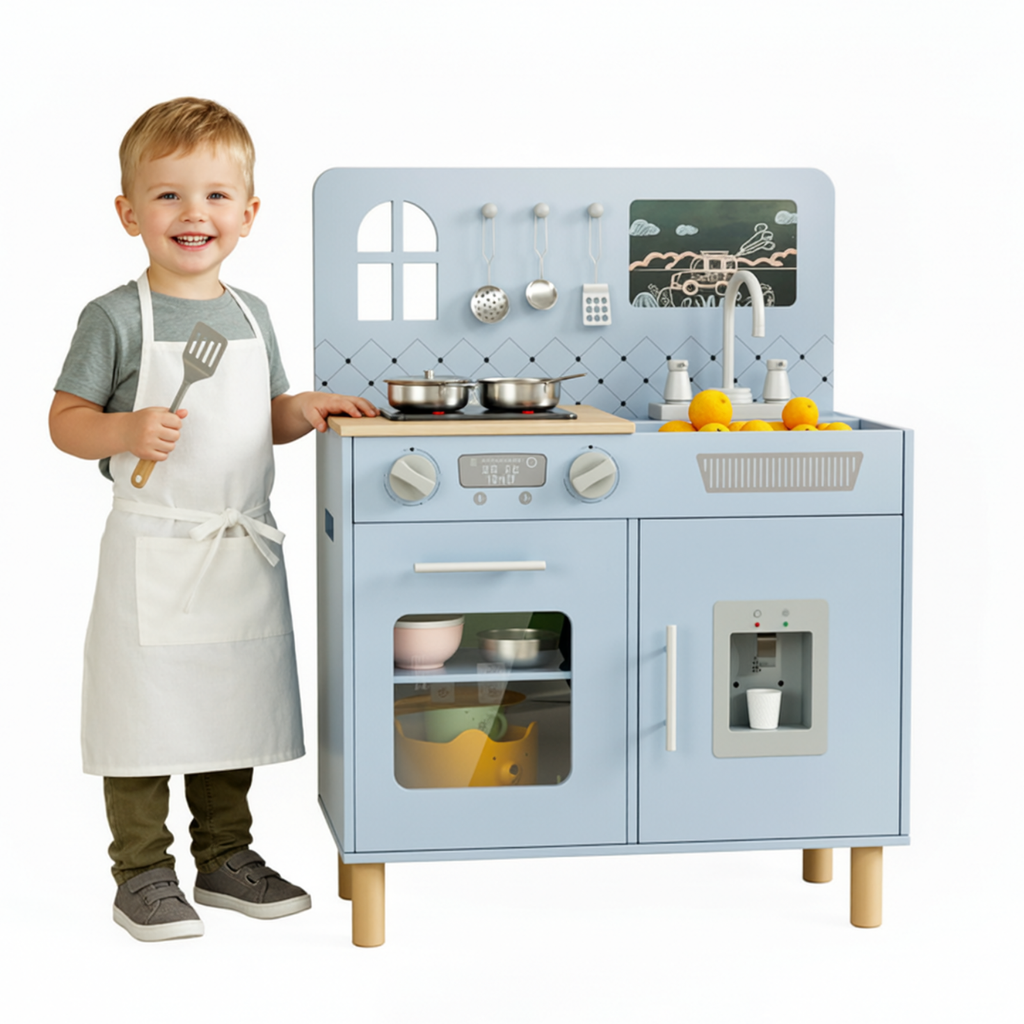 TLSUNNY Kids Play Kitchen Set, w/ Realistic Lights & Knob Sounds, Wooden Play Kitchen with Water Dispenser & Chalkboard for Age 3+