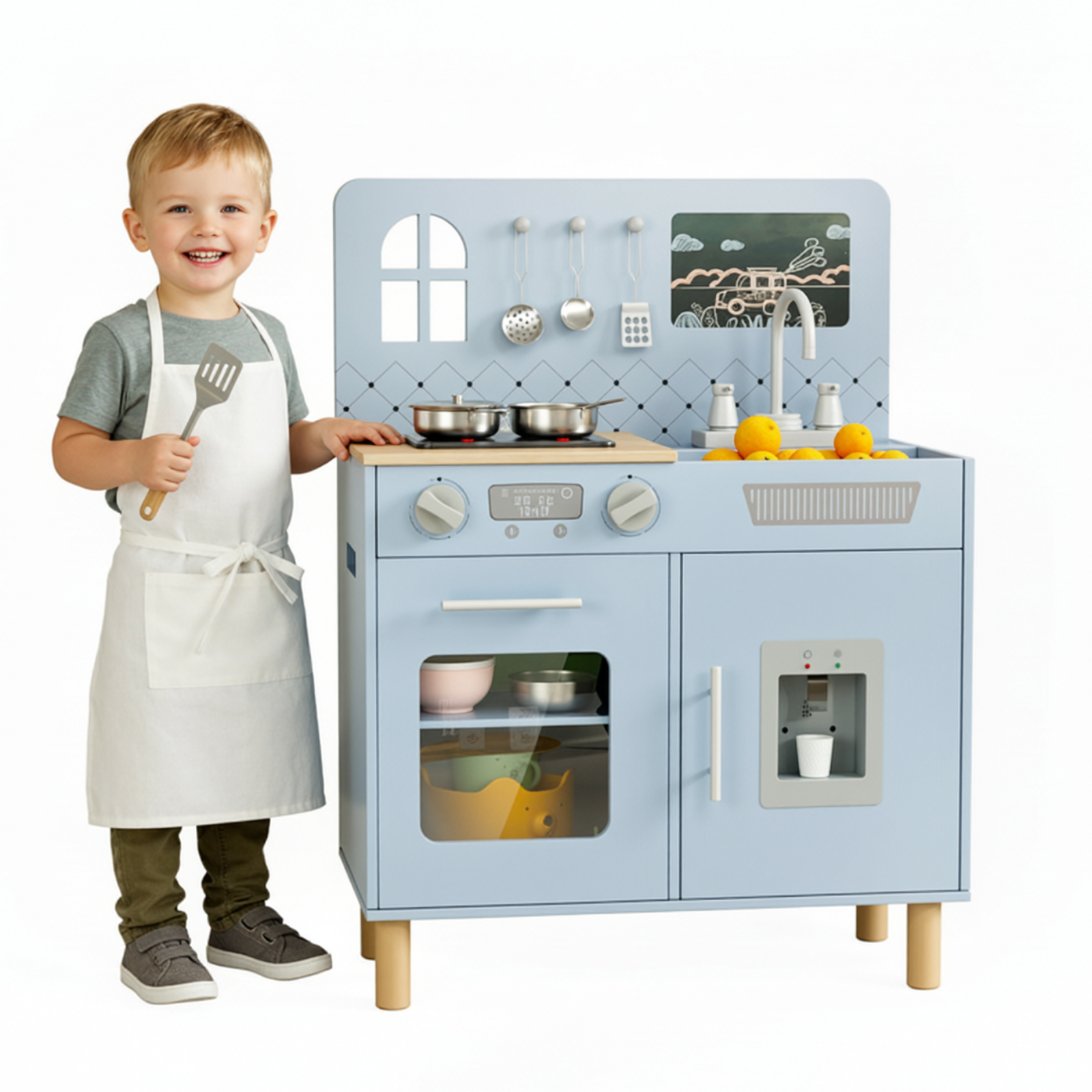 TLSUNNY Kids Play Kitchen Set, w/ Realistic Lights & Knob Sounds, Wooden Play Kitchen with Water Dispenser & Chalkboard for Age 3+