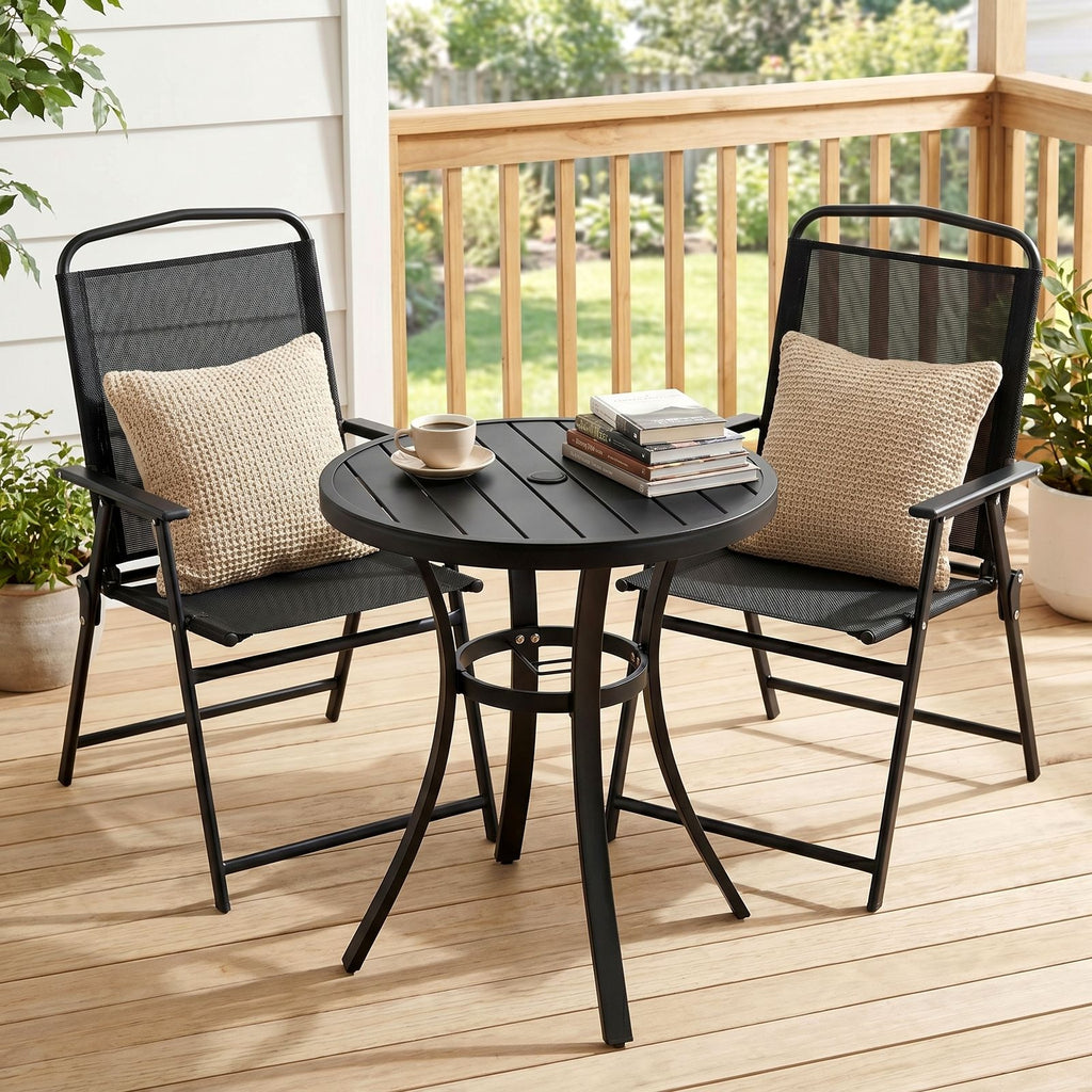 TLSUNNY Patio Dining Set, Folding Chairs and Round Table W/ Umbrella Hole Outdoor Dining Furniture for Bistro, Garden, Backyard, Deck