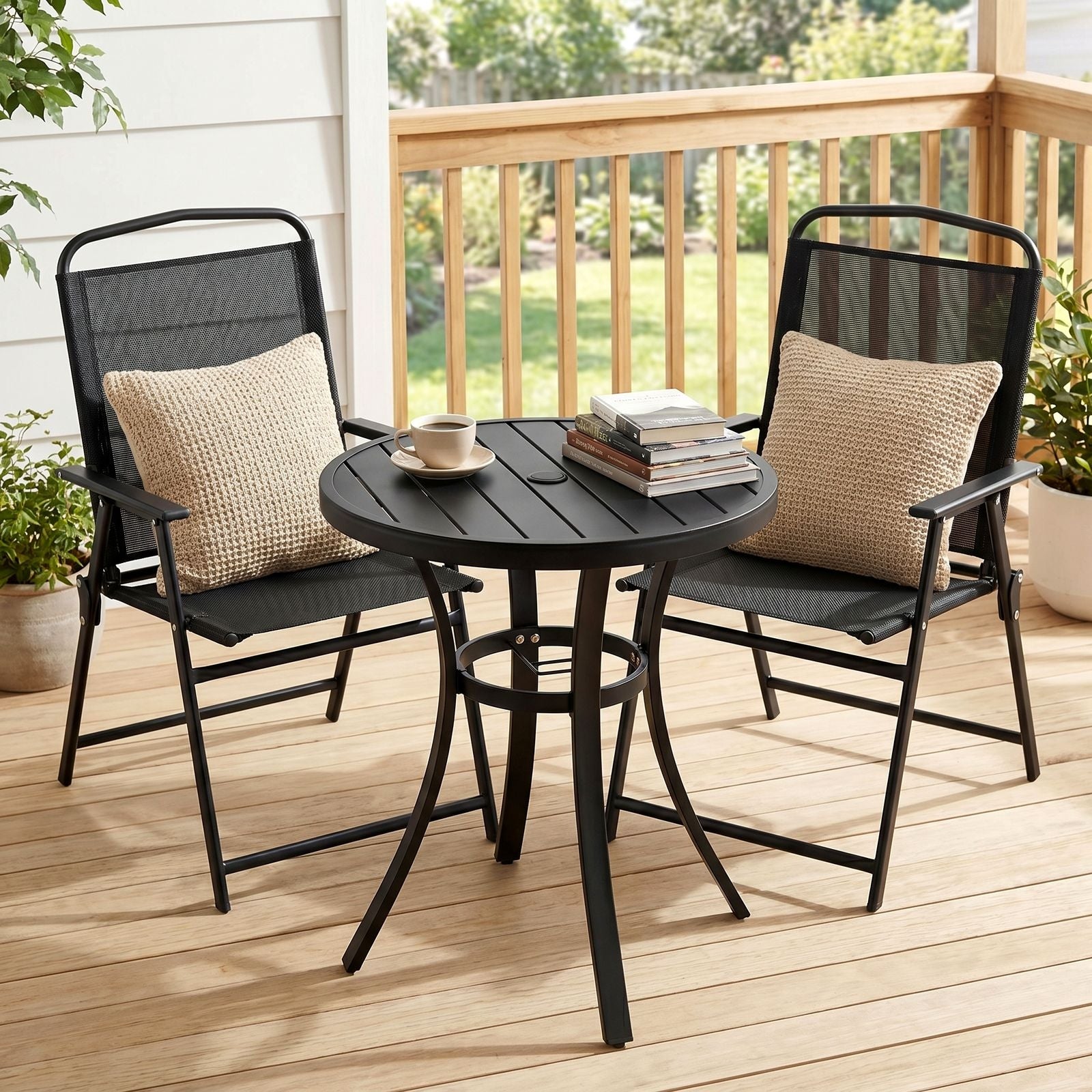 TLSUNNY Patio Dining Set, Folding Chairs and Round Table W/ Umbrella Hole Outdoor Dining Furniture for Bistro, Garden, Backyard, Deck