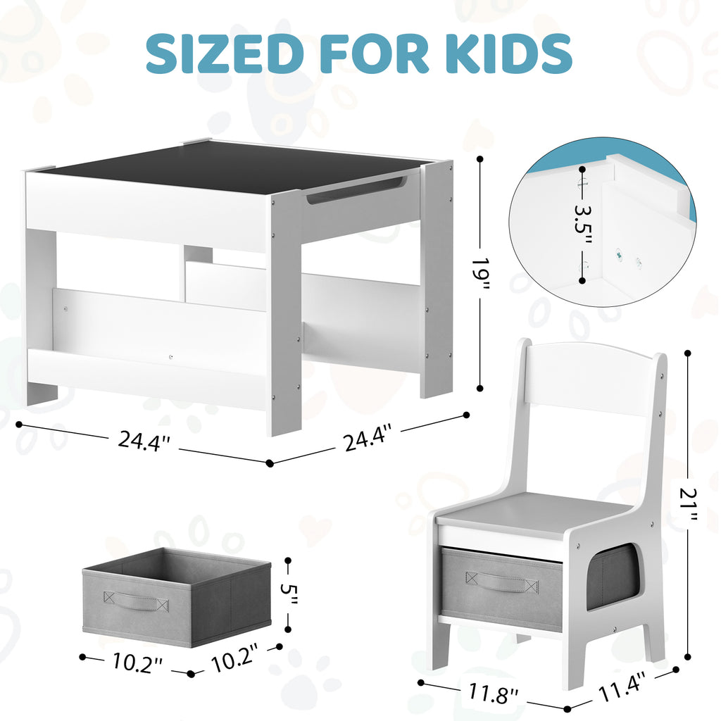 TLSUNNY Kids Table and Chairs Set, 4-in-1 Toddler Activity Art Table with Bookshelf Storage & Reversible Top, for Drawing, Playing, Learning