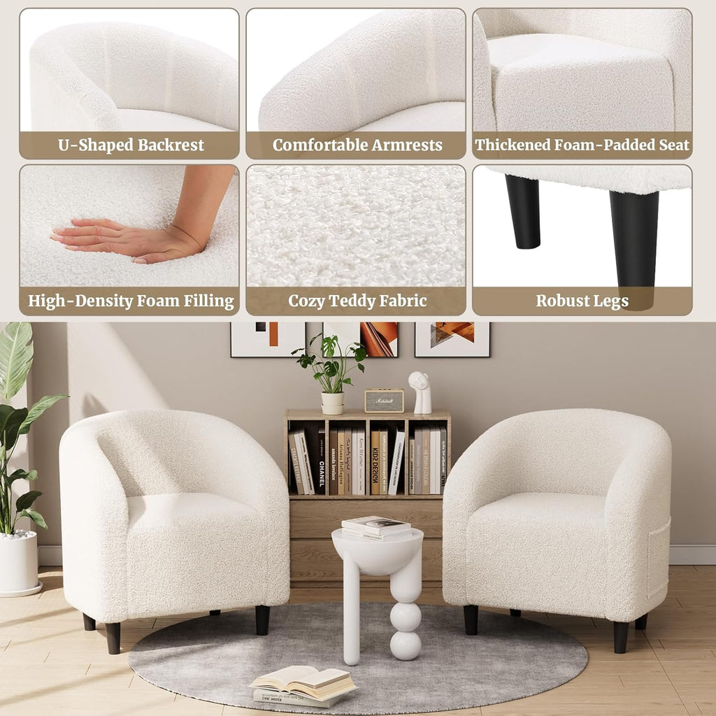 TLSUNNY Upholstered Club Chair Accent Barrel Chair, Teddy Fabric Upholstered Armchair with Side Pocket for Living Room/Bedroom