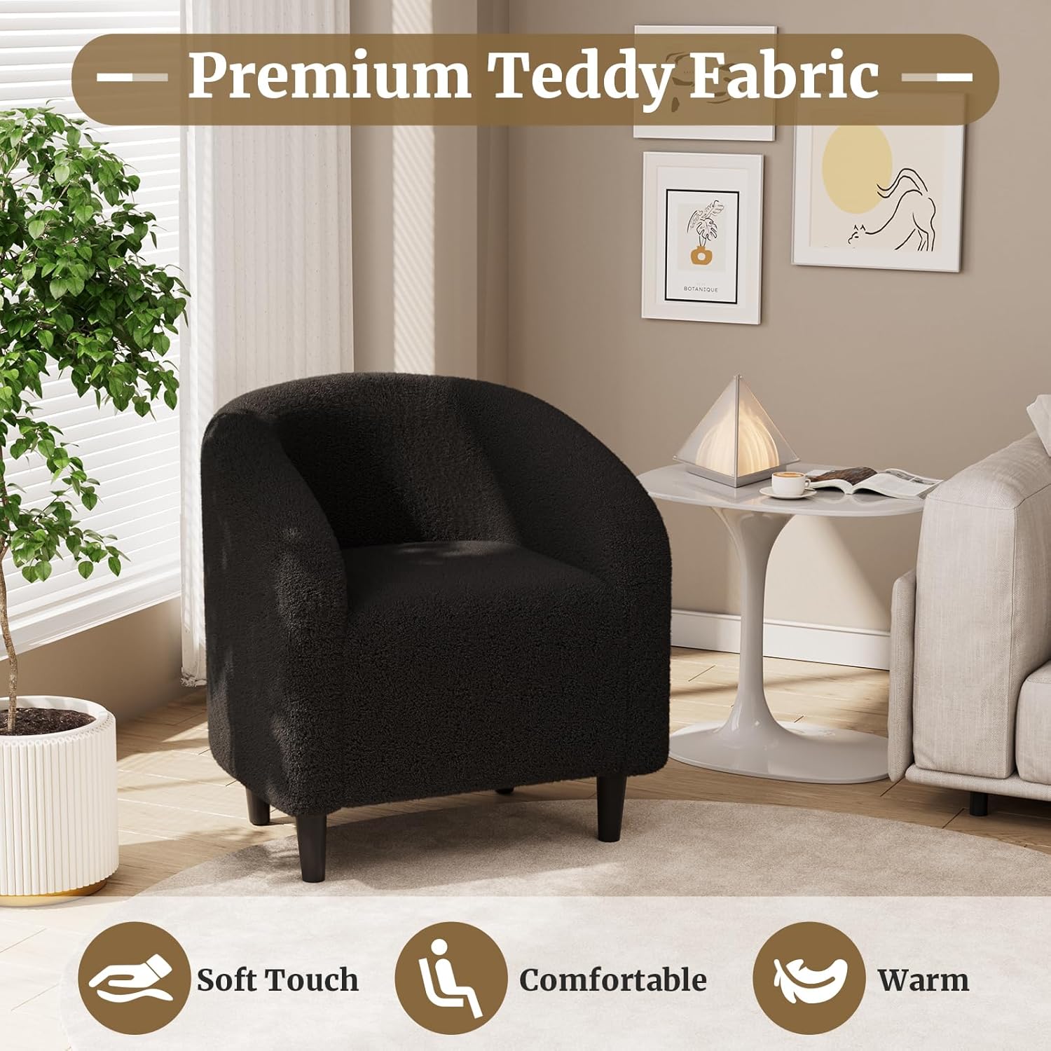 TLSUNNY Upholstered Club Chair Accent Barrel Chair, Teddy Fabric Upholstered Armchair with Side Pocket for Living Room/Bedroom