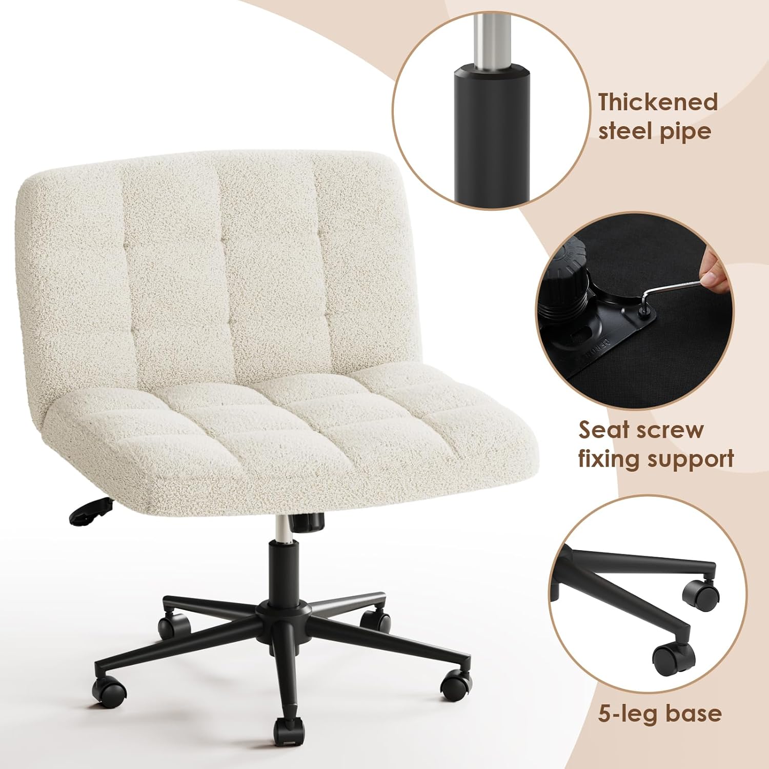TLSUNNY 360° Swivel Height Adjustable Armless Chair, w/ Wheels and Comfy Wide Cushion, Criss Cross Office Chair, for Home/Bedroom