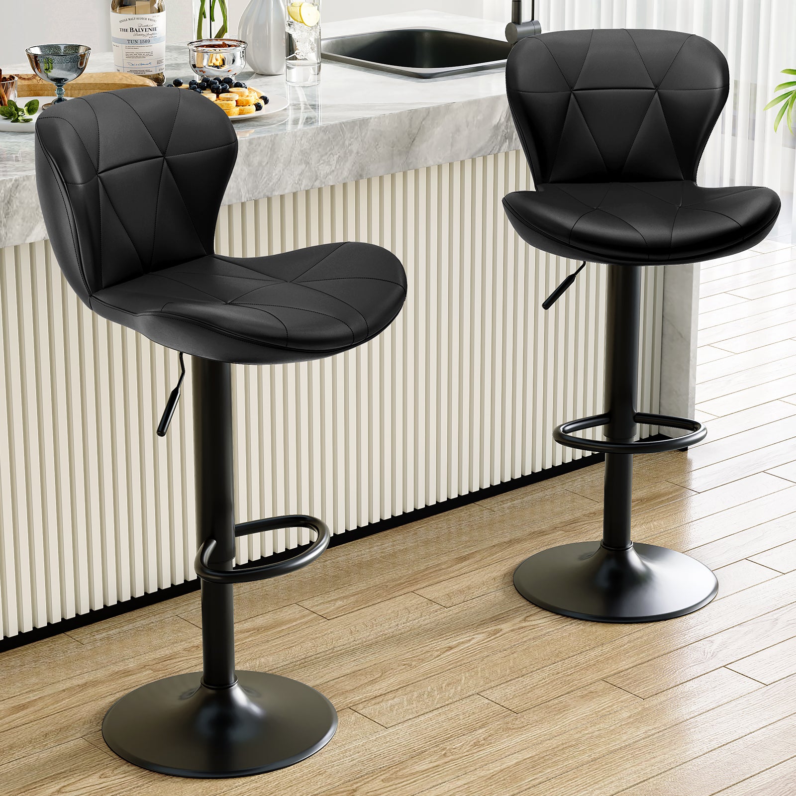 TLSUNNY Modern Upholstered Barstools Set of 2/4, Adjustable Height Counter Stools, PU Leather Swivel Barstools with Metal Frame, for Dining/Cafes