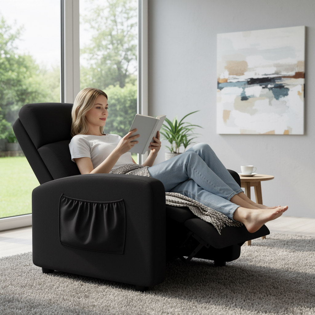 TLSUNNY Fabric Recliner Chair with Side Pocket, Thick Cushion Adjustable Lounger, Modern Home Theater Seating for Bedroom, Living Room