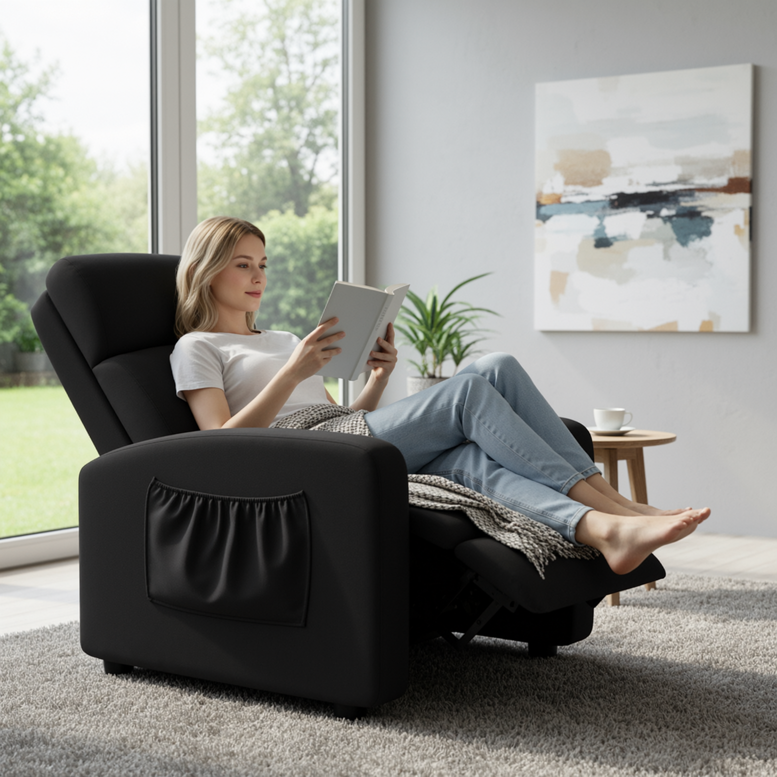 TLSUNNY Fabric Recliner Chair with Side Pocket, Thick Cushion Adjustable Lounger, Modern Home Theater Seating for Bedroom, Living Room