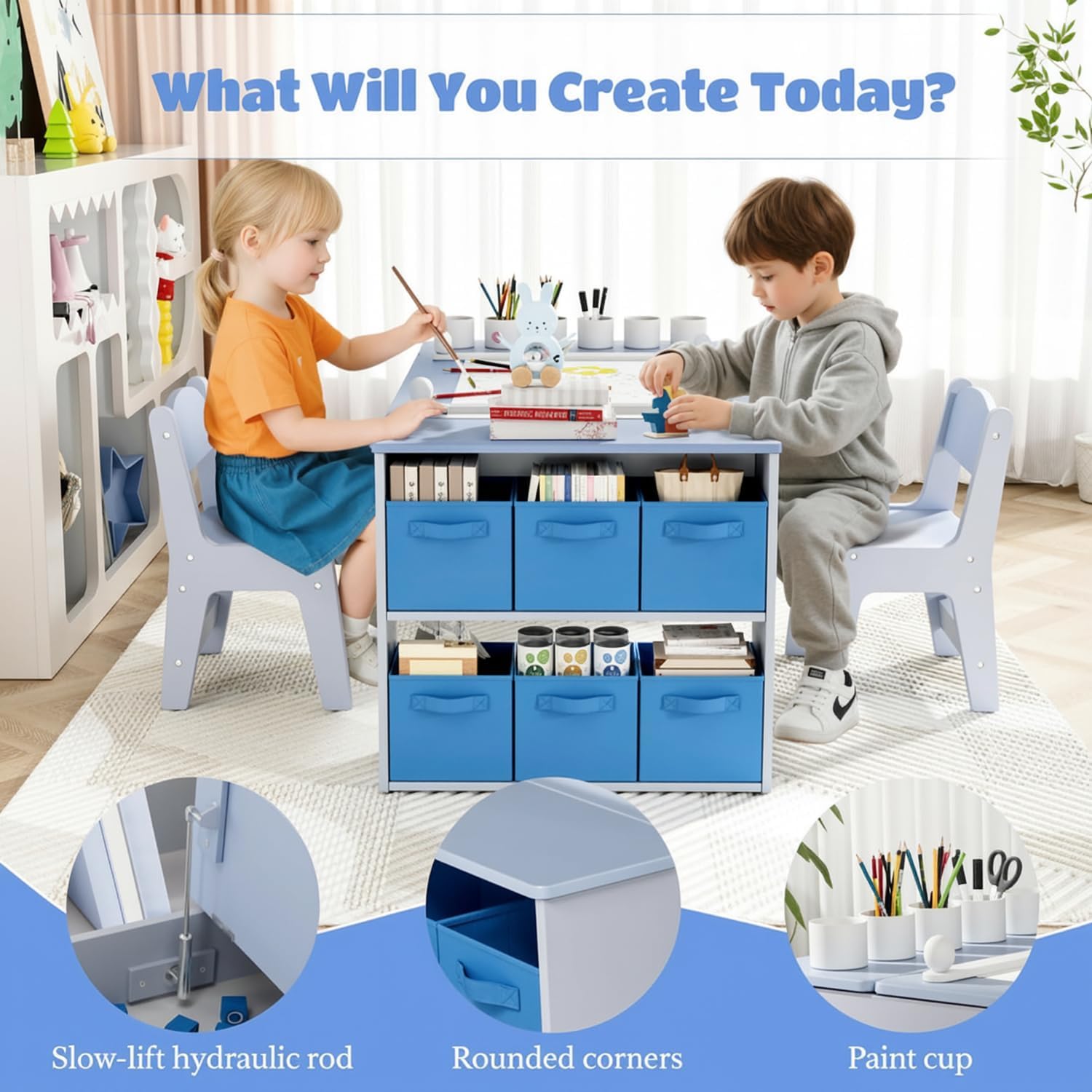 TLSUNNY Kids Art Table and 2 Chairs Set, Toddlers Craft Table Set with Storage Bins, Paint Cups and Paper Roll, Activity Table Set for Age 3+