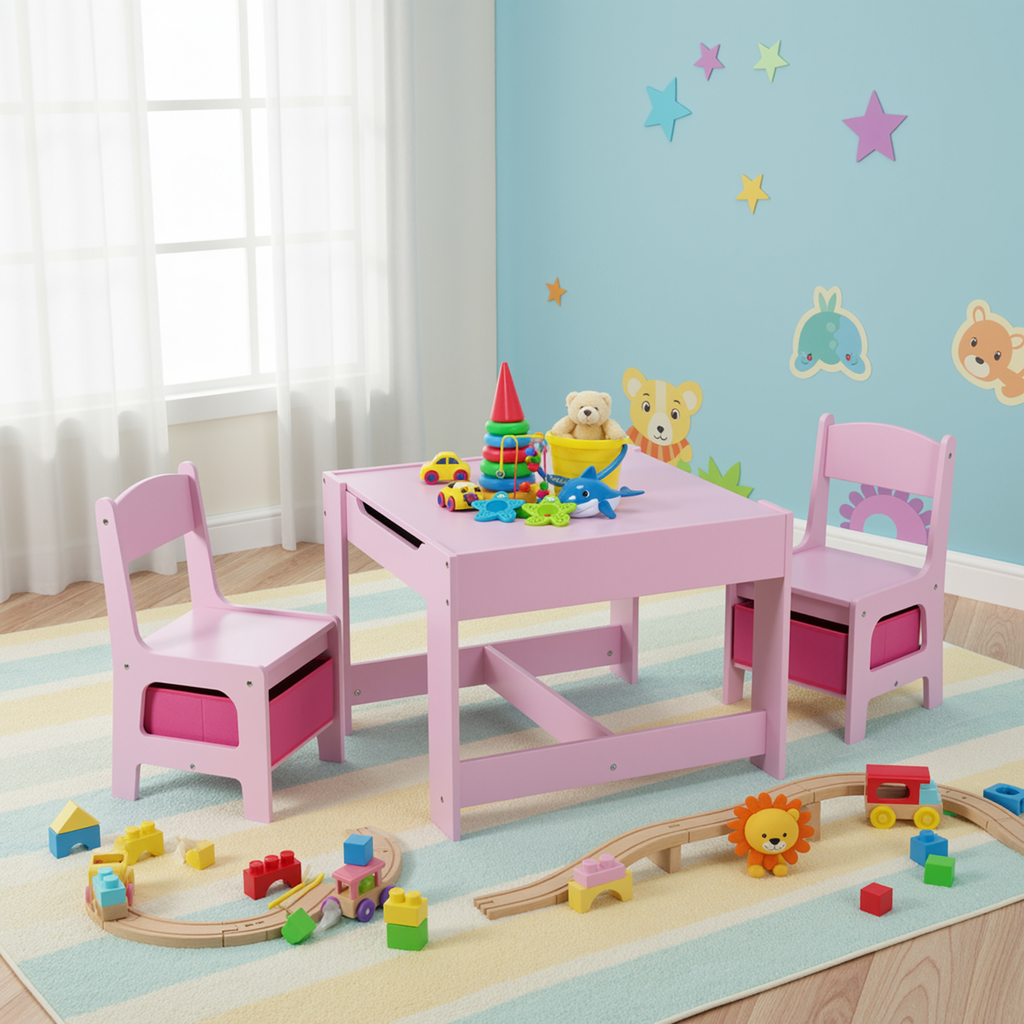 TLSUNNY Kids Table and 2 Chairs, 4-in-1 Toddler Activity Set with Blackboard, Reversible Desk & Storage Organization, for Age 3 +