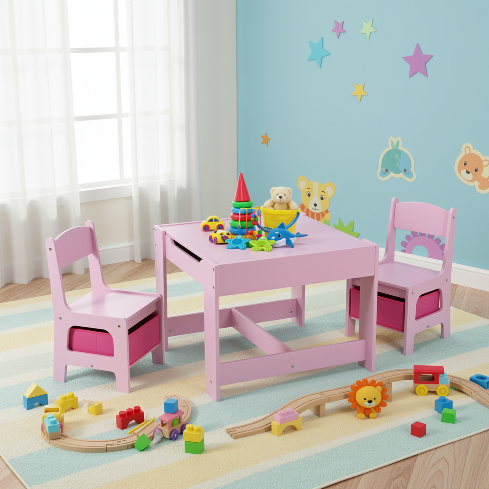 TLSUNNY Kids Table and 2 Chairs, 4-in-1 Toddler Activity Set with Blackboard, Reversible Desk & Storage Organization, for Age 3 +