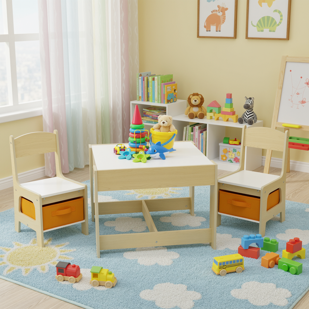 TLSUNNY Kids Table and 2 Chairs, 4-in-1 Toddler Activity Set with Blackboard, Reversible Desk & Storage Organization, for Age 3 +