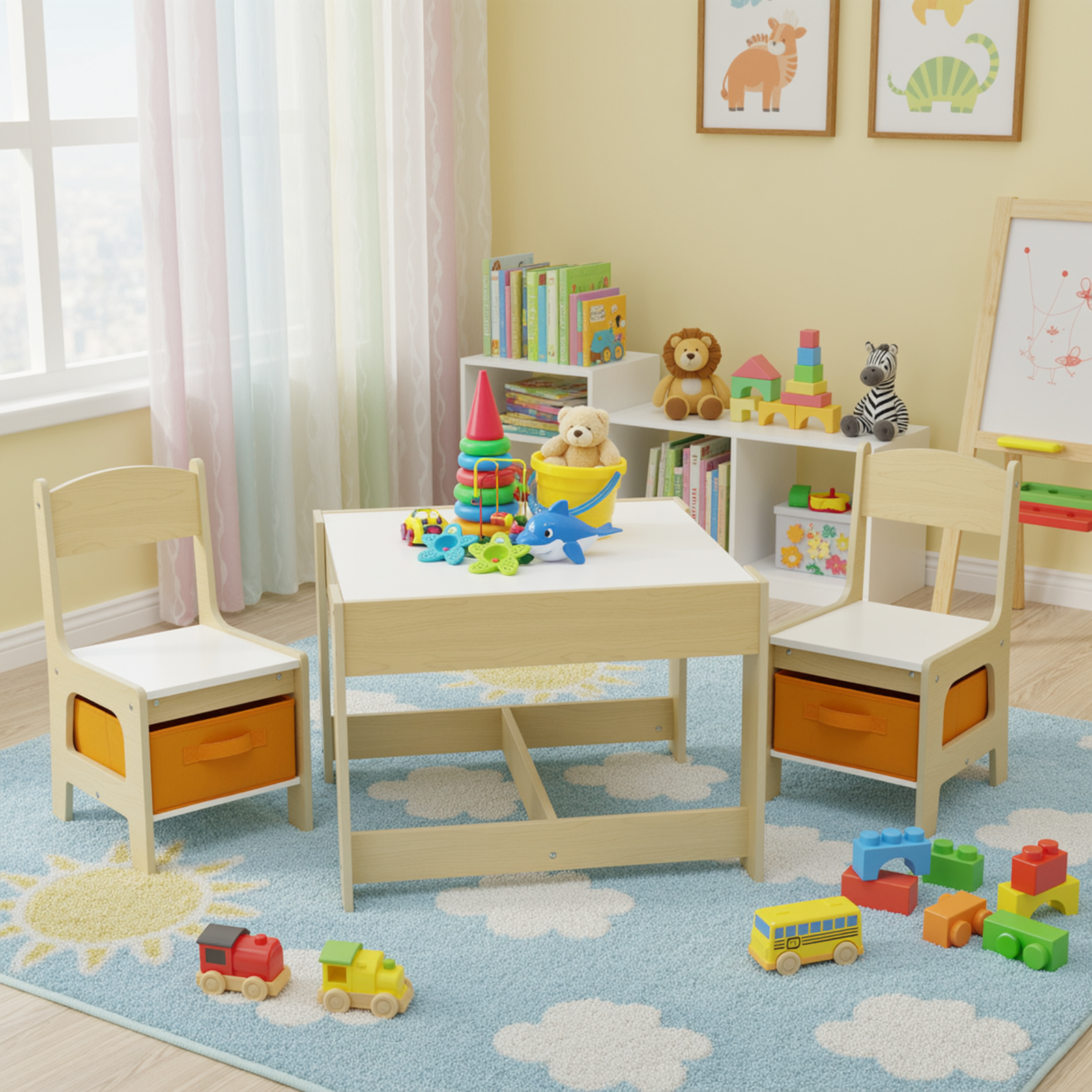 TLSUNNY Kids Table and 2 Chairs, 4-in-1 Toddler Activity Set with Blackboard, Reversible Desk & Storage Organization, for Age 3 +