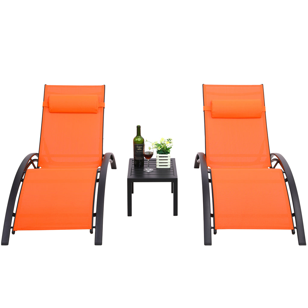 TLSUNNY Outdoor Lounge Set of 3, Aluminum Frame 2 Recliner Chairs & 1 Side Table with Adjustable Backrest and Removable Headrest, for Backyard, Pool, Patio Tanning
