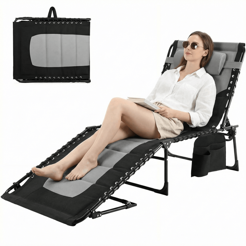 TLSUNNY Outdoor Folding Lounge Chair, Portable Adjustable Back & Leg Chaise Lounges with Pillow, Side Pocket, Carrying Handle, for Patio, Office