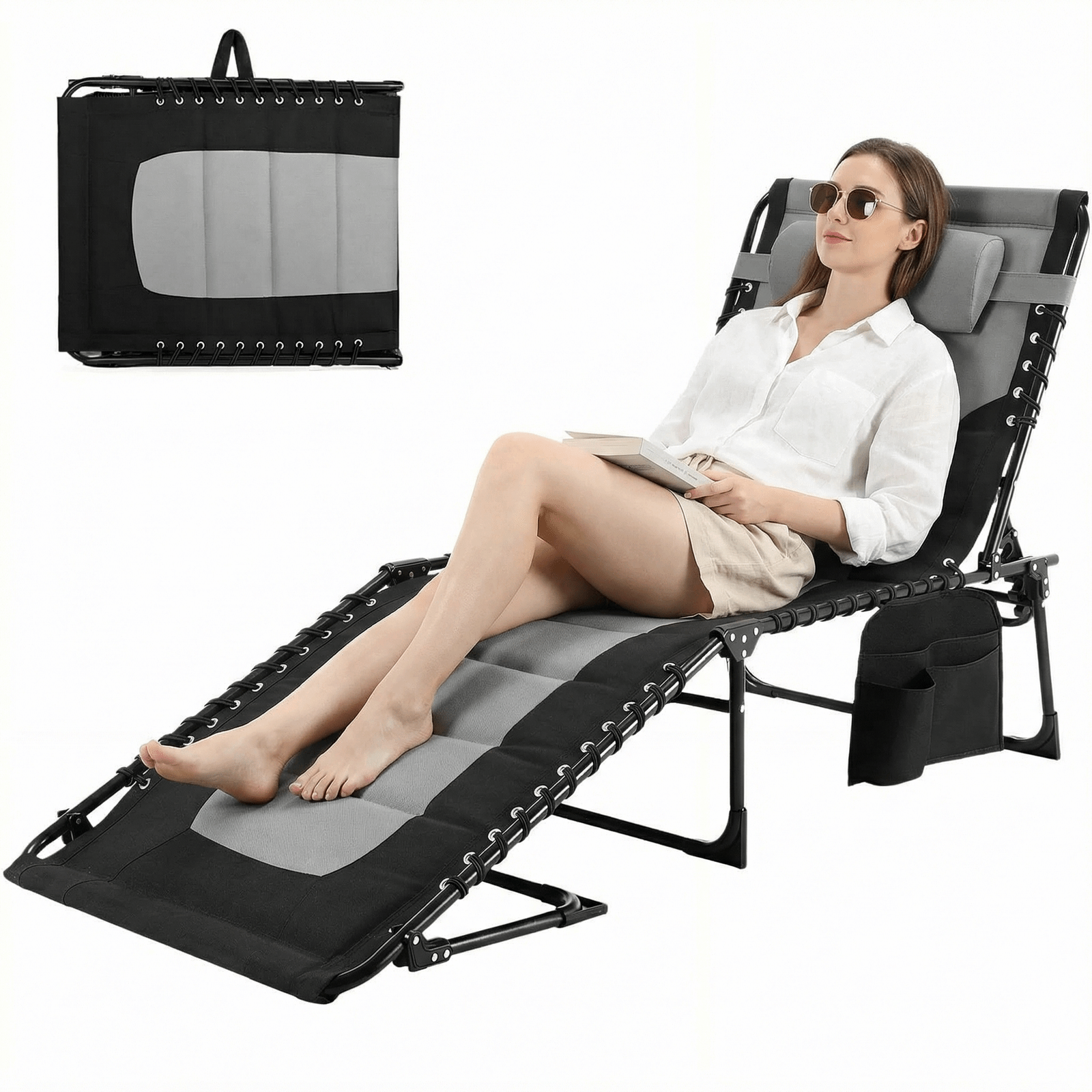 TLSUNNY Outdoor Folding Lounge Chair, Portable Adjustable Back & Leg Chaise Lounges with Pillow, Side Pocket, Carrying Handle, for Patio, Office