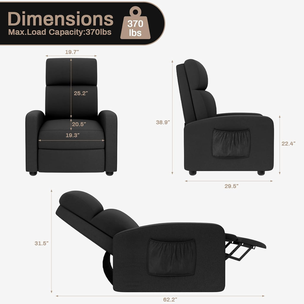 TLSUNNY Fabric Recliner Chair with Side Pocket, Thick Cushion Adjustable Lounger, Modern Home Theater Seating for Bedroom, Living Room