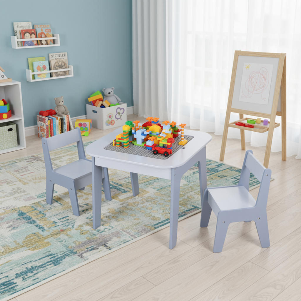 TLSUNNY Kids Table and 2 Chairs Set with Storage, Toddler Activity Table Set, Blackboard, Whiteboard & Building Blocks Tabletop, for Kids Ages 3+