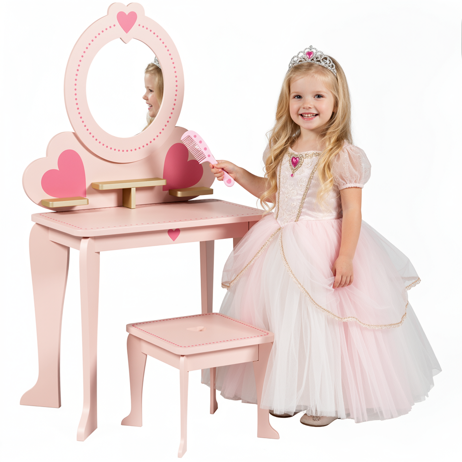 TLSUNNY Kids Princess Vanity Set, Make Up Table and Stool Play Set for Girls, Toddler Wooden Makeup Toys with 8 Pcs Accessories for Pretend Play
