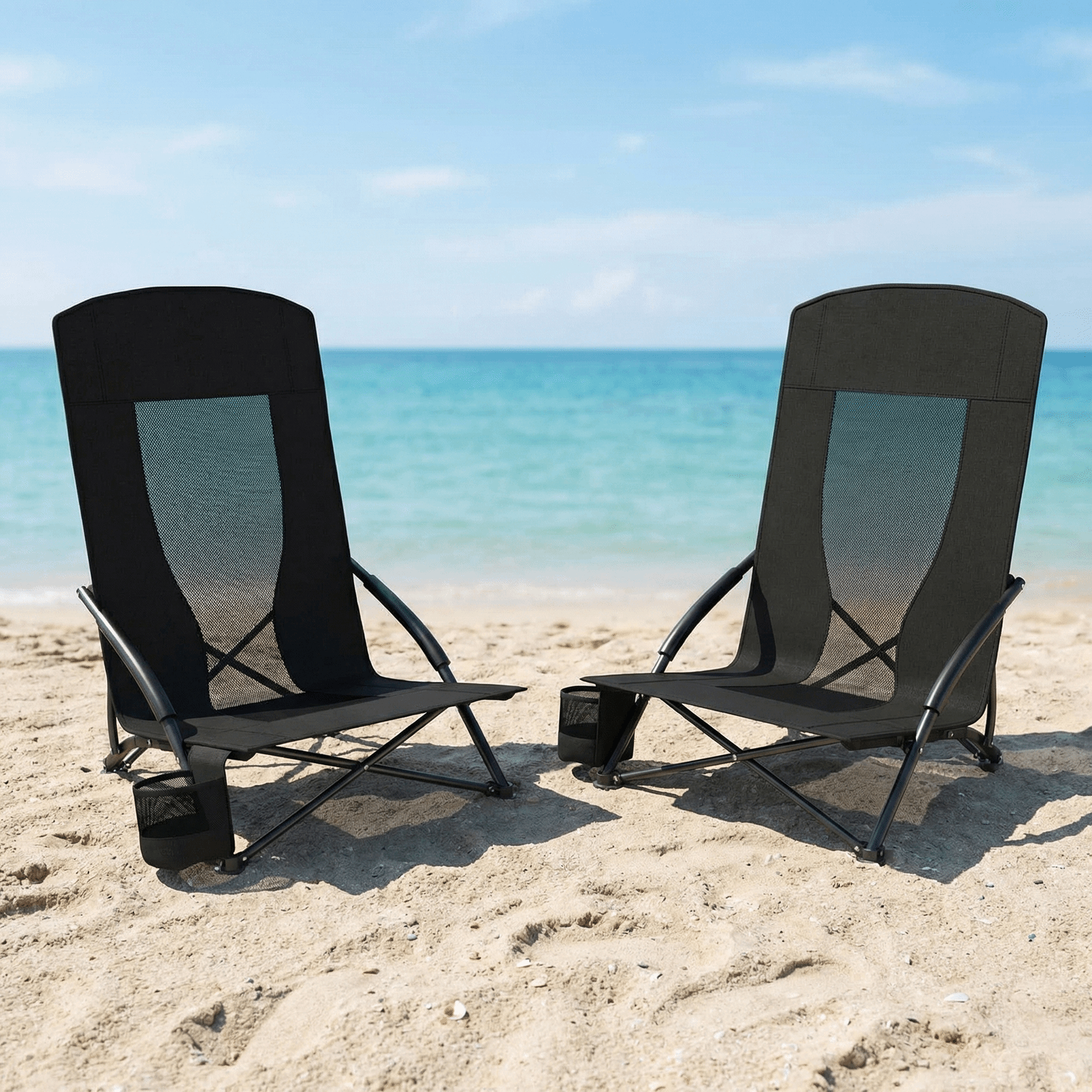TLSUNNY Folding Backpack Beach Chair Set of 2 for Adults, Compact Lightweight Camping Chairs W/ Carry Bag Cup Holder, Outdoor Reclining Low-Profile Travel Chair, 350LBS