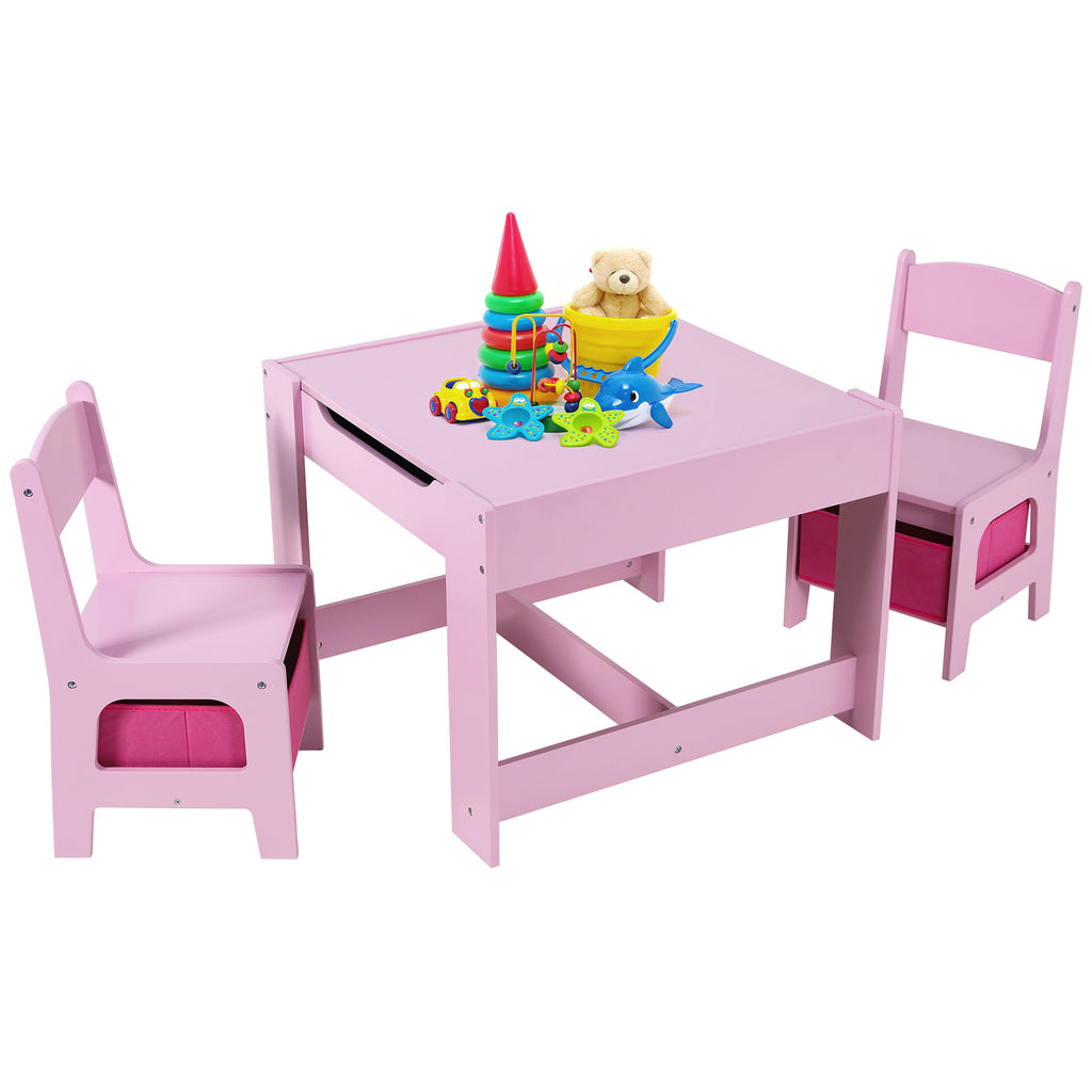 TLSUNNY Kids Table and 2 Chairs, 4-in-1 Toddler Activity Set with Blackboard, Reversible Desk & Storage Organization, for Age 3 +