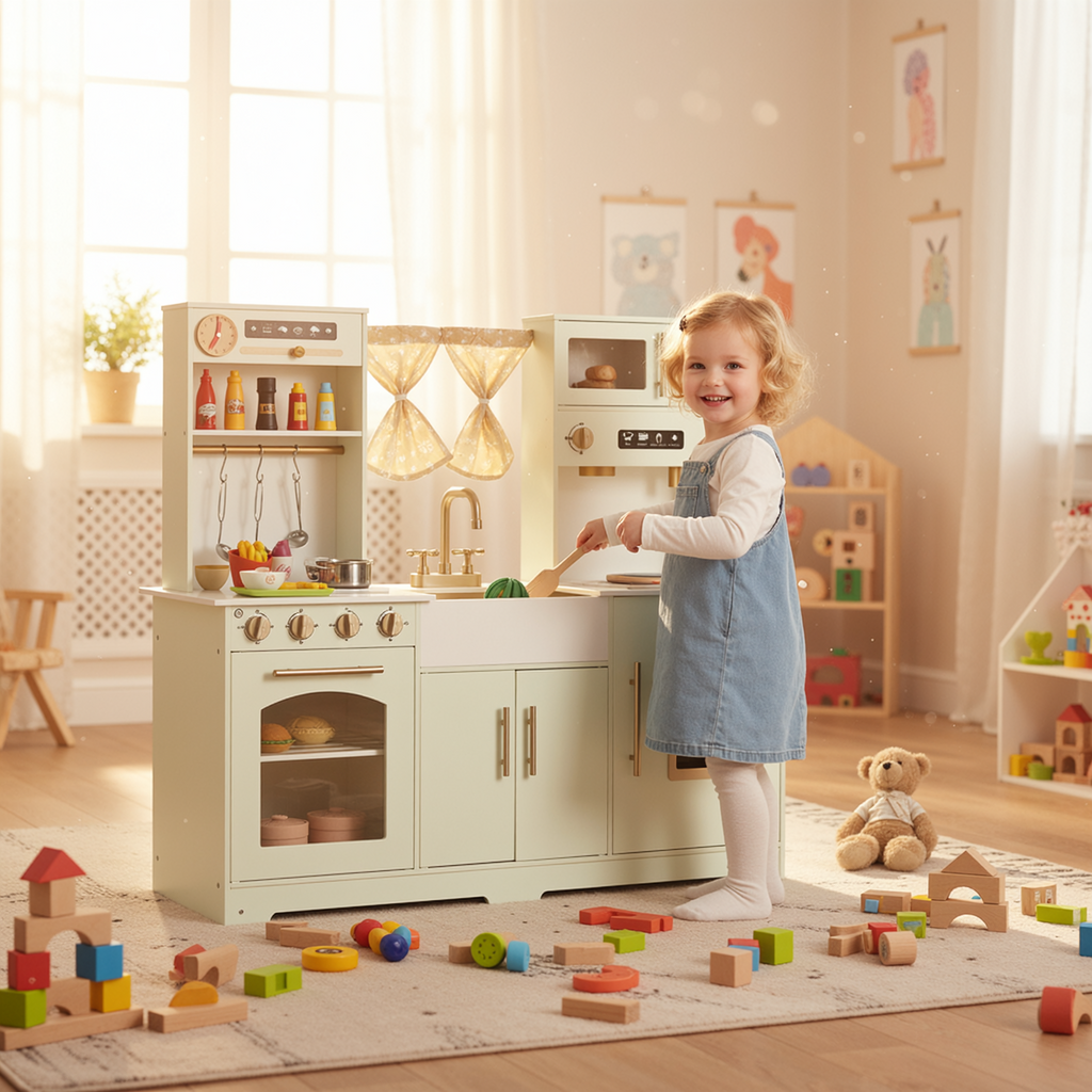 TLSUNNY Kids Play Kitchen with Realistic Lights & Sounds, Wooden Toy Pretend Play Kitchen Set w/ Sink, Faucet, Microwave, Curtain for Ages 3+